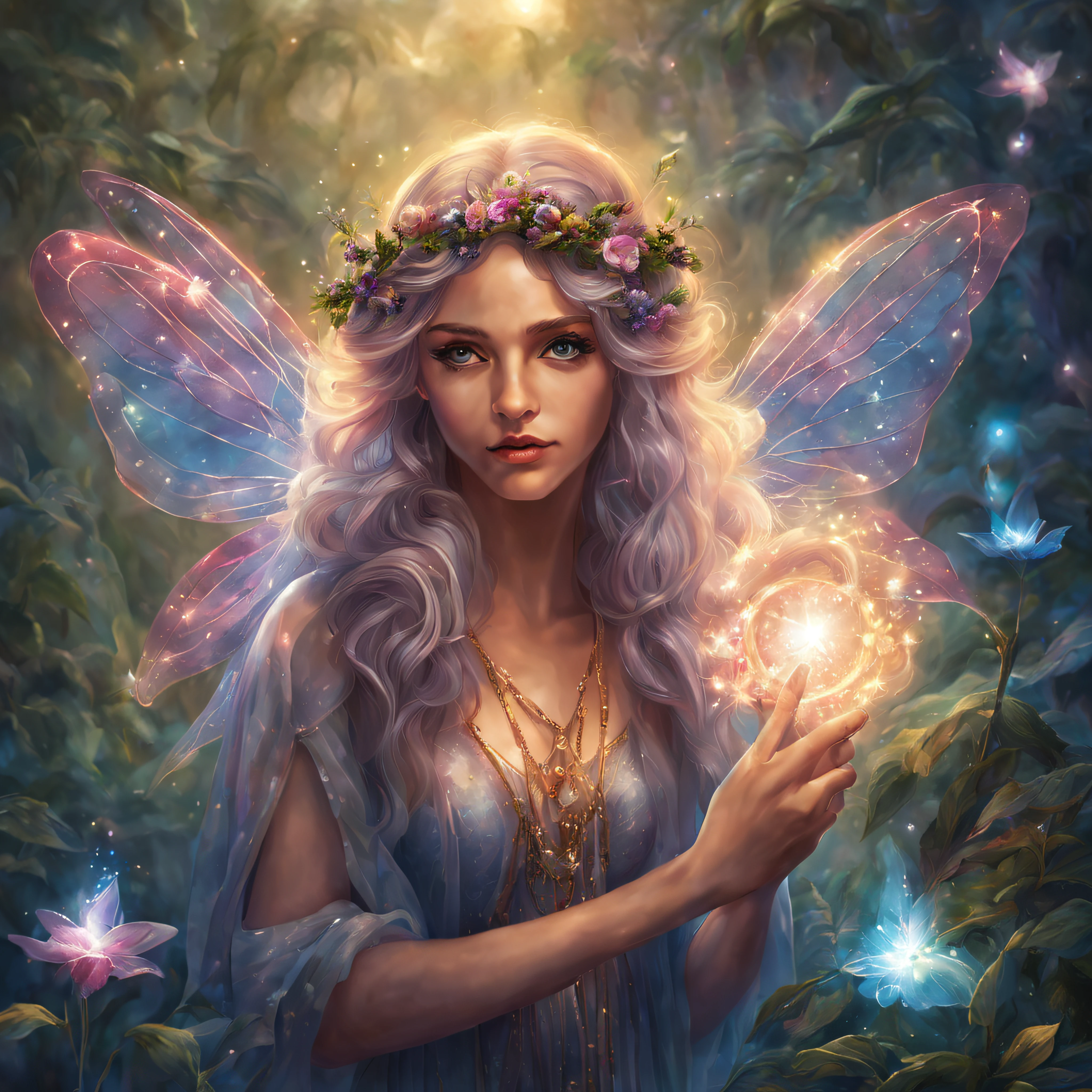 The Fairy Baptist Mother often has magical powers that she uses to protect and support the hero.
He can carry various talismans, such as crystals, wands, or other items of magical significance.
She is often accompanied by an aura of peace and wisdom emanating around her