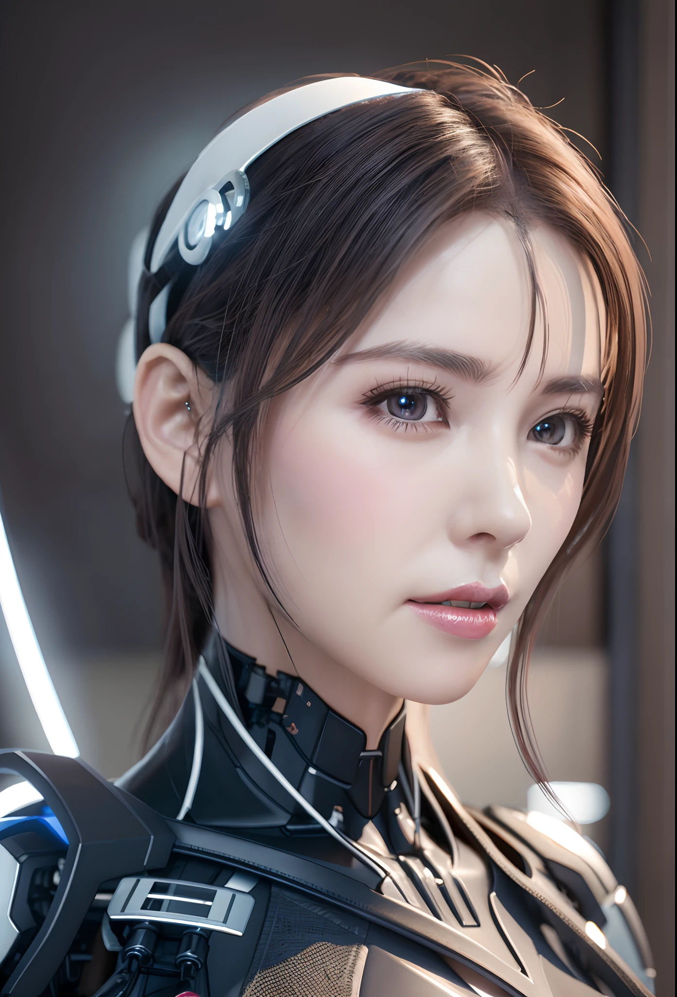 complex 3d render ultra detailed of a beautiful porcelain profile woman android face, cyborg, robotic parts, 150 mm, beautiful studio soft light, rim light, vibrant details, luxurious cyberpunk, lace, hyperrealistic, anatomical, facial muscles, cable elect...