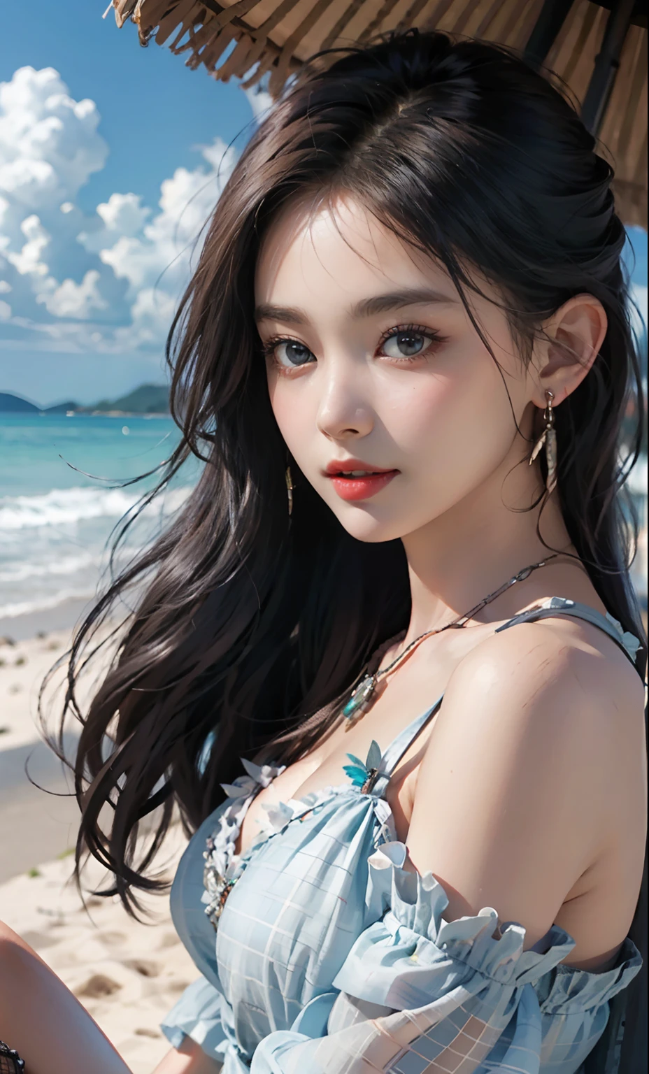masterpiece, best quality, permanent, Liselotte Credia, faint smile, long hair, curls, Bangs, hair between eyes, hairpin, blue eyes, (blue hair:1), black bikini, beach