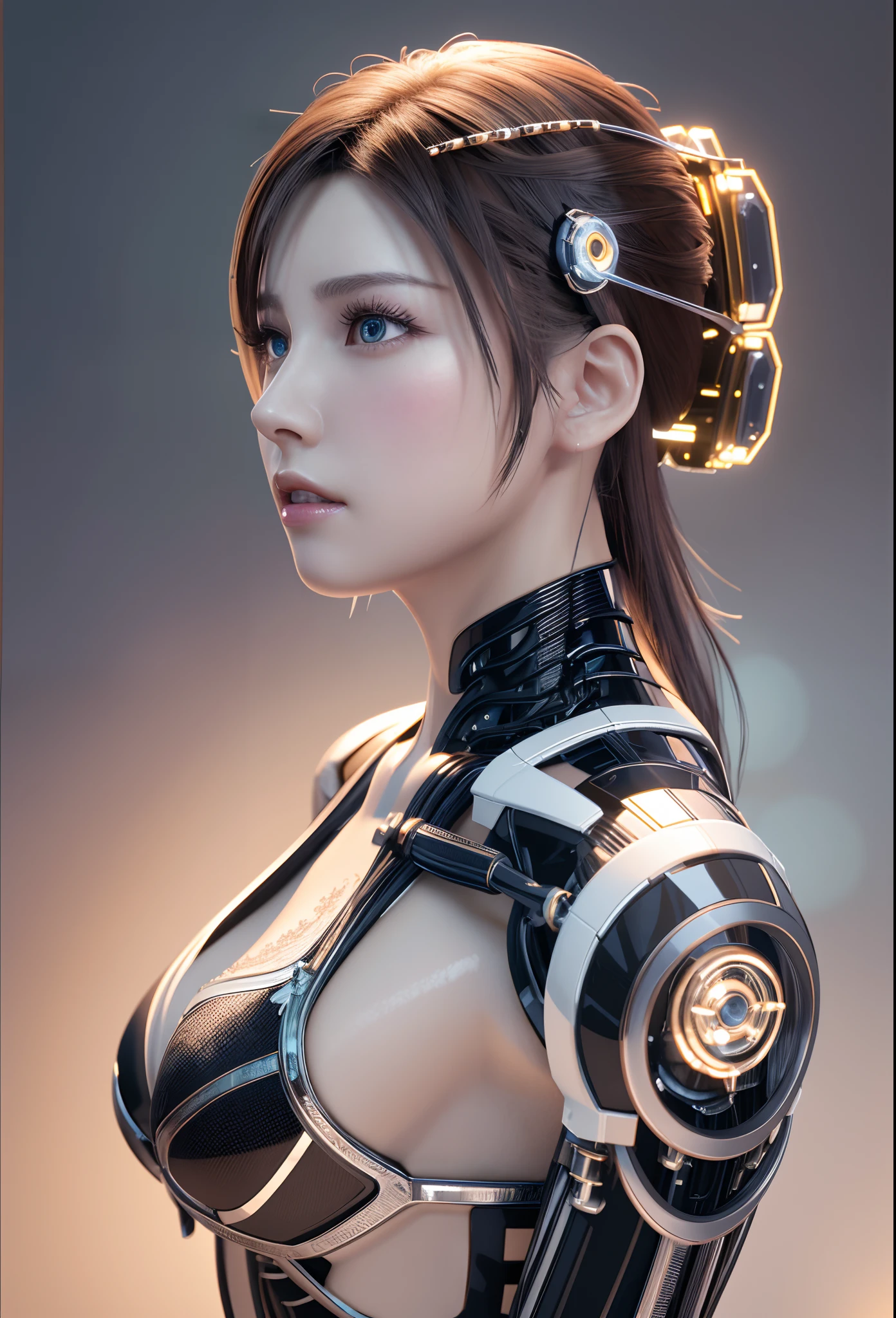 complex 3d render ultra detailed of a beautiful porcelain profile woman android face, cyborg, robotic parts, 150 mm, beautiful studio soft light, rim light, vibrant details, luxurious cyberpunk, lace, hyperrealistic, anatomical, facial muscles, cable elect...