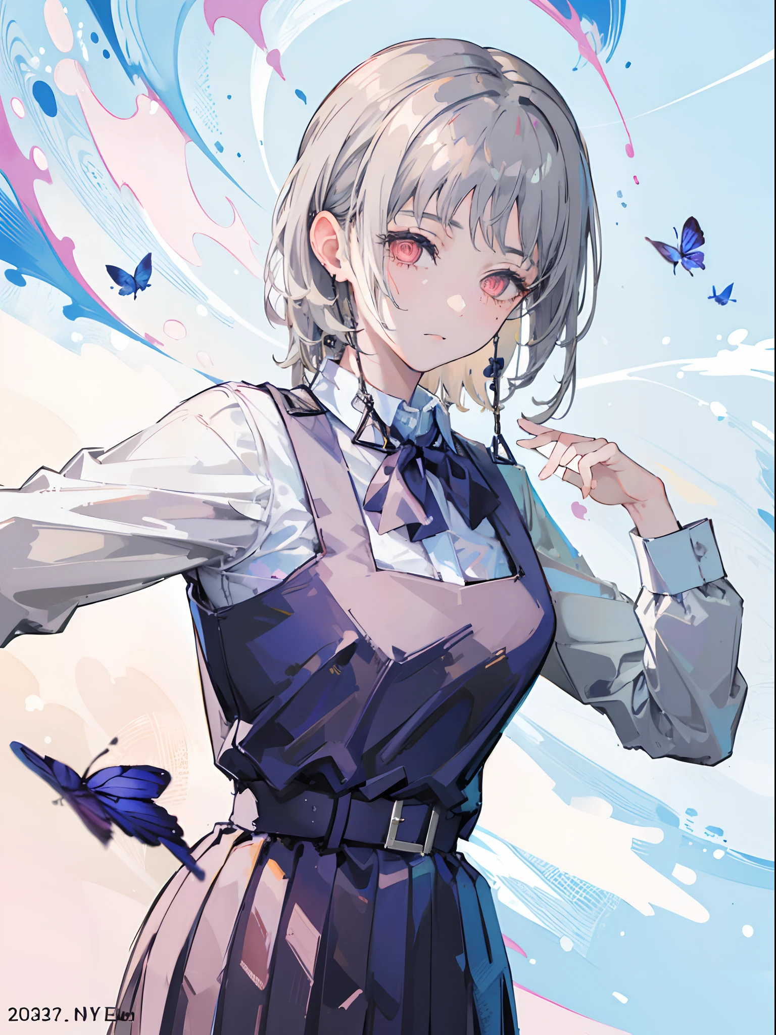 (masterpiece, top quality, best quality,official art:1.2),(1girl:1.3), gray hair, Butterflys