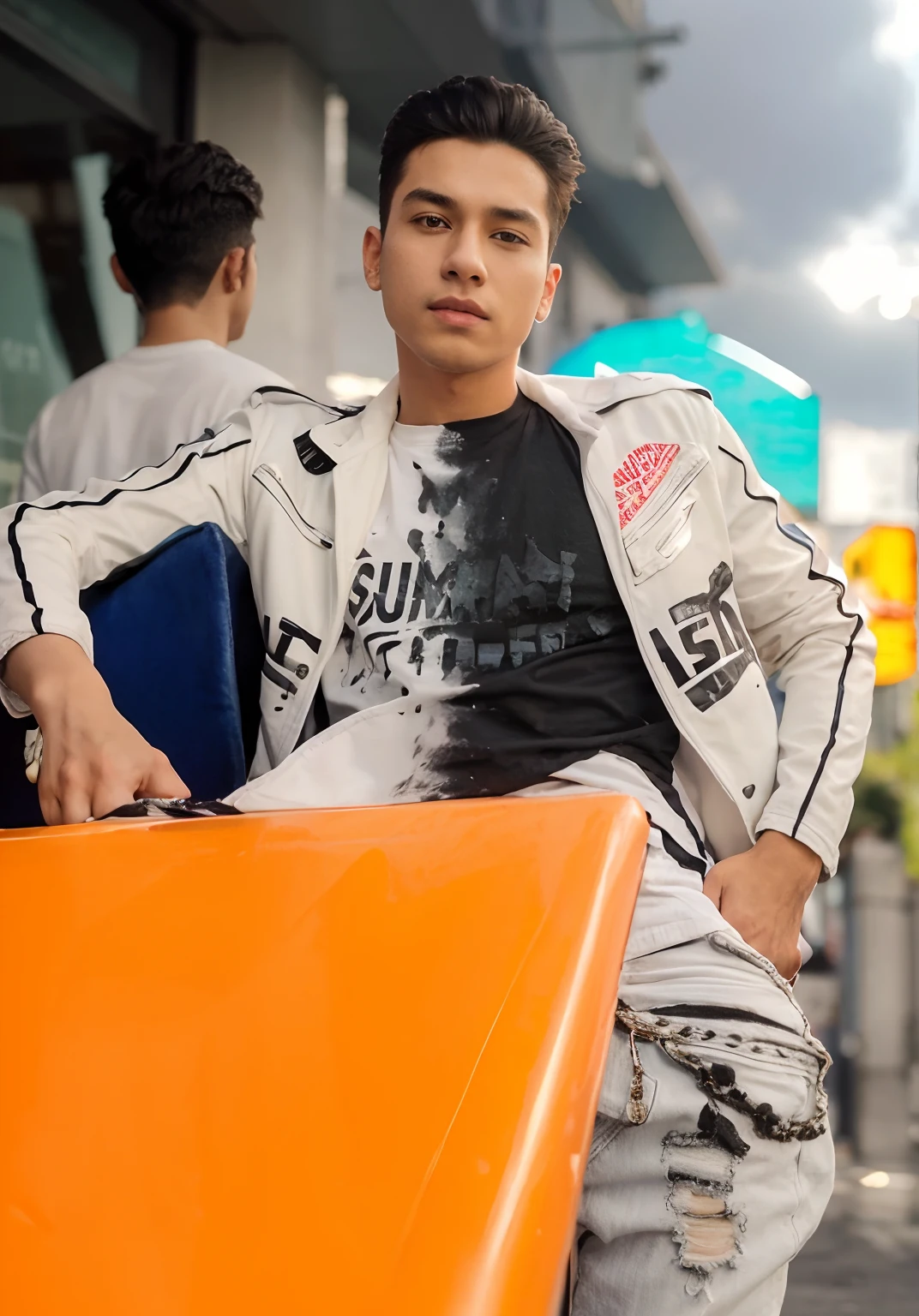 A solo boy, a boy wear a white stylish jacket with black & white tshirt, five star restaurant in background, damage jean, stylish hair, 8k quality realistic look, Hd