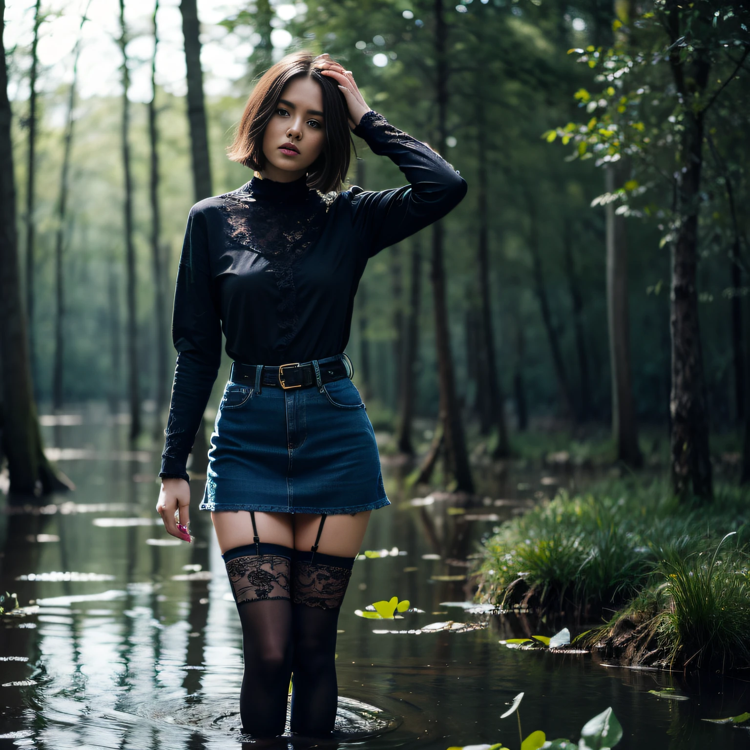 "(Best Quality,hight resolution:1.2),,Expressive wrinkles,Bob haircut,jeans skirt,lace blouse,(lace stockings with garters), standingn, (drowning in a swamp:1.2),long eyelashes,expression of despair,Dark and moody lighting, terror. The pose expresses panic and awkwardness. (Fashionable style)"