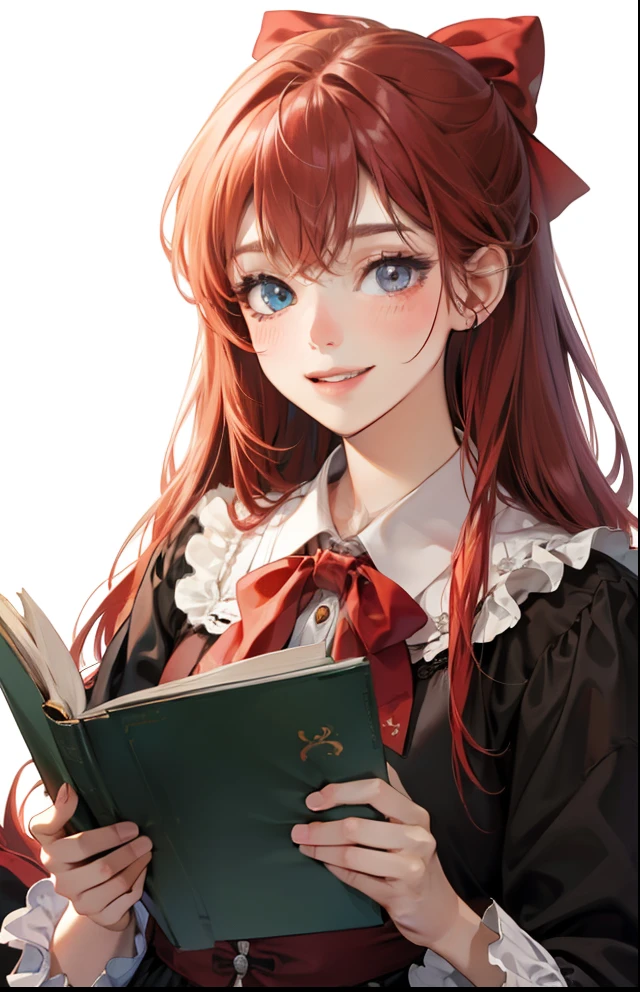 girl with、Background white、without background、Red-haired、The long-haired、with blush cheeks、lolita fashion、frilld、bow ribbon、Smiling、Reading a book、lecture、Boken、kawaii、without background