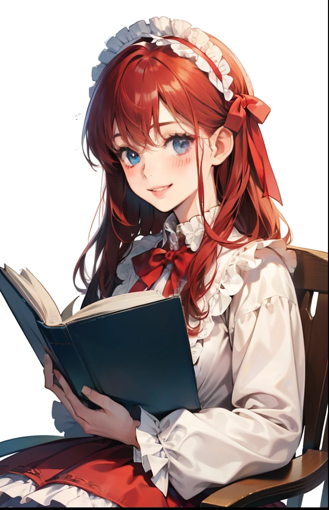 girl with、Background white、without background、Red hair、The long-haired、Contrasting bangs、Long sleeve dress、bow ribbon、Boken、Reading a book、with blush cheeks、Smiling、kawaii、without background