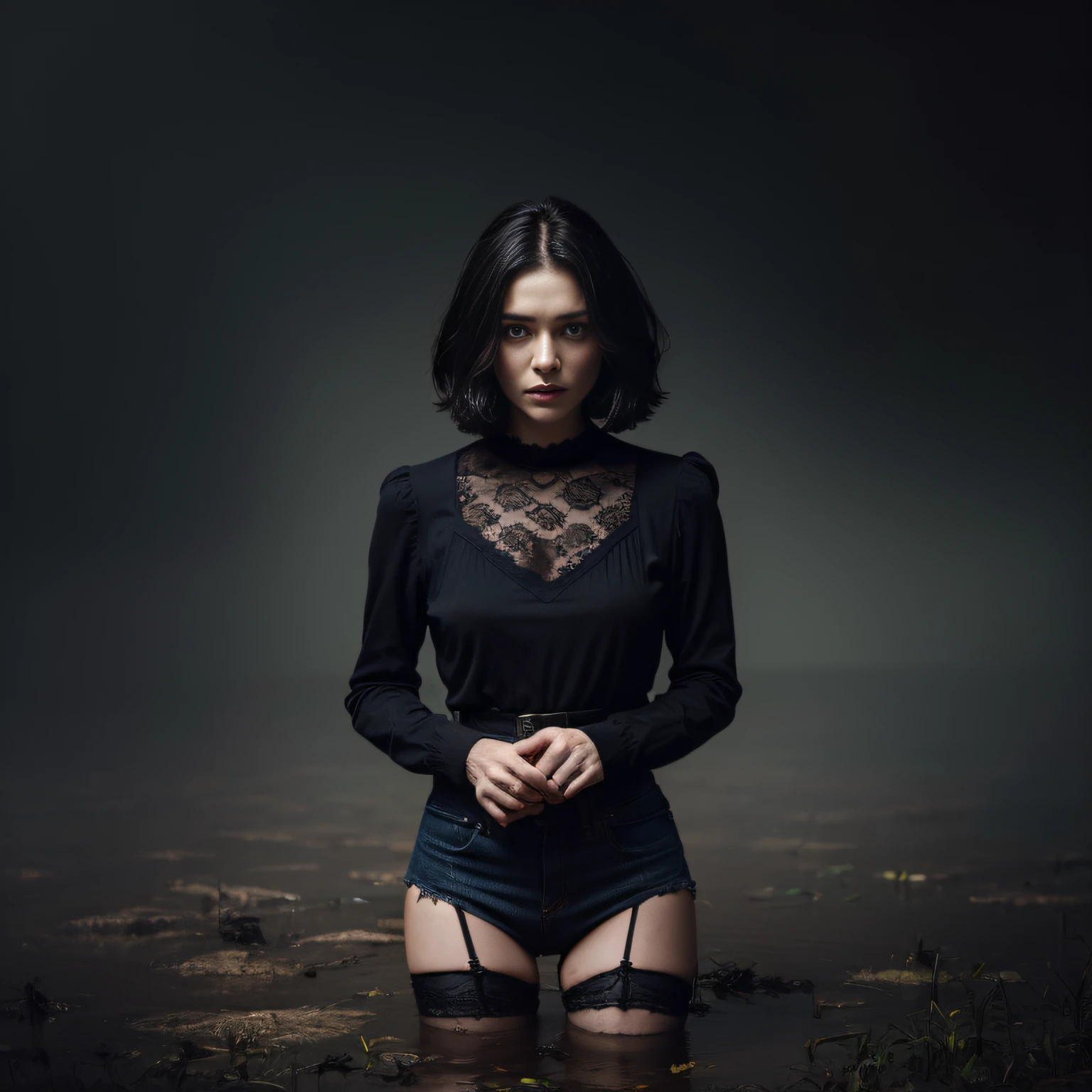 "(Best Quality,hight resolution:1.2),The woman,Expressive wrinkles,Bob haircut,jeans skirt,lace blouse,(lace stockings with garters), standingn, (drowning in a bog:1.2),long eyelashes,expression of despair,Dark and moody lighting, terror. The pose expresses panic and awkwardness"