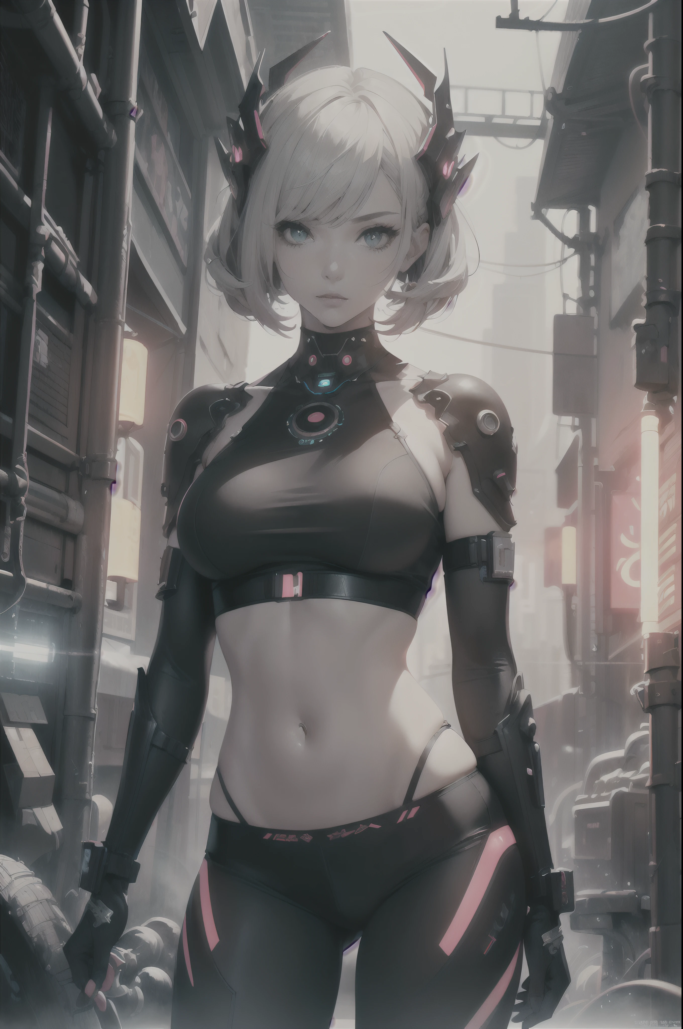 (best quality, masterpiece:1.2), a futuristic female warrior , (finely detailed skin), pale skin, (in a deep neckline highly detailed sexy futuristic cyberpunk black crop top and underpants made of circuit boards, japanese words with a flare effect, beautiful epic composition, futuristic, masterpiece, appealing, posing for a photo