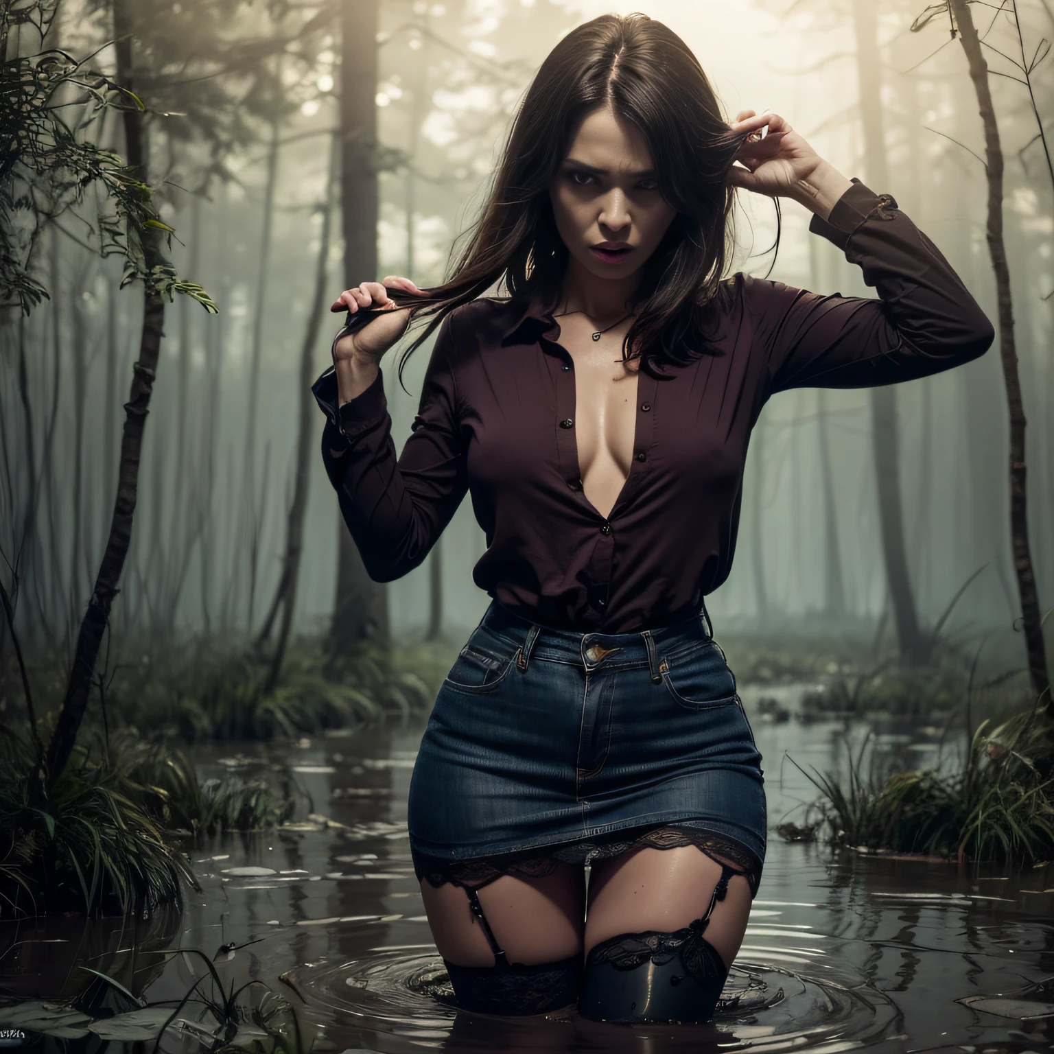 "(Best Quality,hight resolution:1.2),(Victim of a shameful fetish:1.2),wrinkles,Bob haircut,jeans skirt,lace blouse,(lace stockings with garters), standingn, (drowning in a swamp:1.2),long eyelashes,expression of despair,Dark and moody lighting, terror. The pose expresses panic and awkwardness"