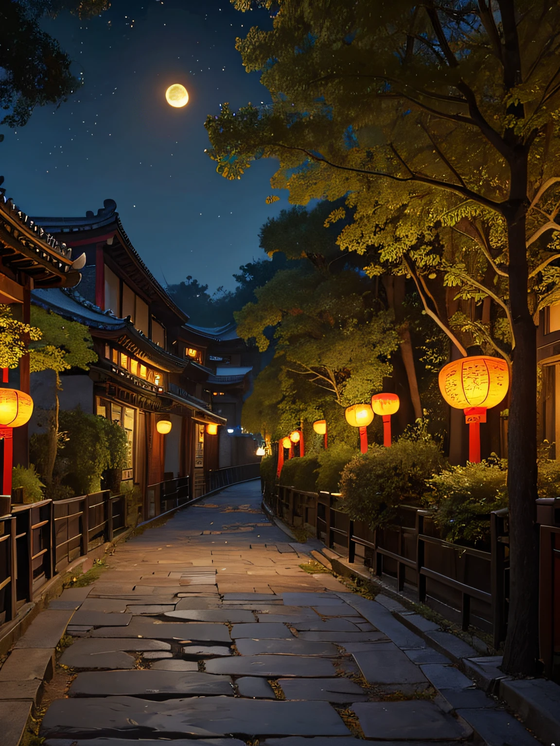 Official Art, Ancient China, Ancient Streets, (Lots of Fireflies), (Night), (Moon), Lights, Beautiful Landscapes, Epic Landscapes, Realistic Lighting, Masterpieces, High Quality, Beautiful Graphics, High Detail, Global Illumination, Unreal Engine Rendering, Octane Rendering, (HDR:1.3)