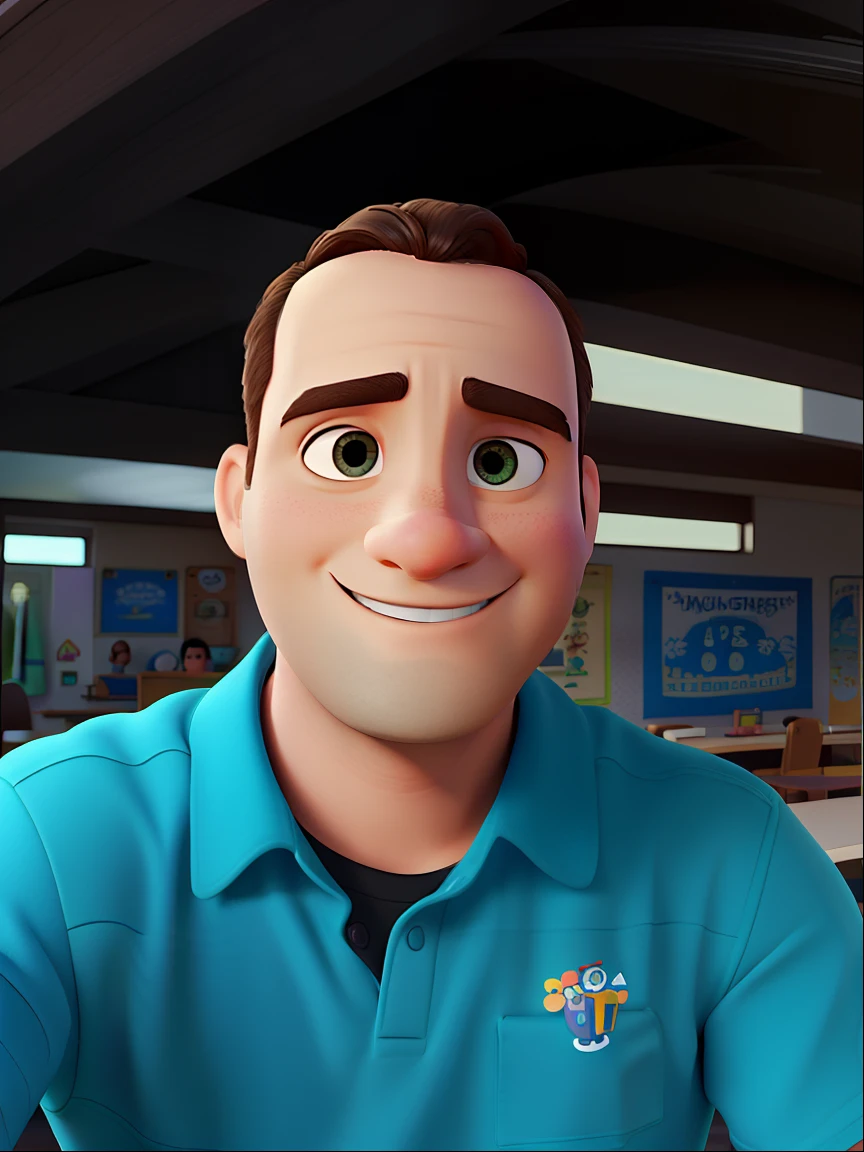 Poster no estilo Disney pixar, alta qualidade, melhor qualidade,anco, homem tirando uma foto de si mesmo no espelho, foto fit, em uma academia, malhar, imagem de perfil, cerca de 3 5 anos, em forma, de cor parda e olhos castanhos escuros