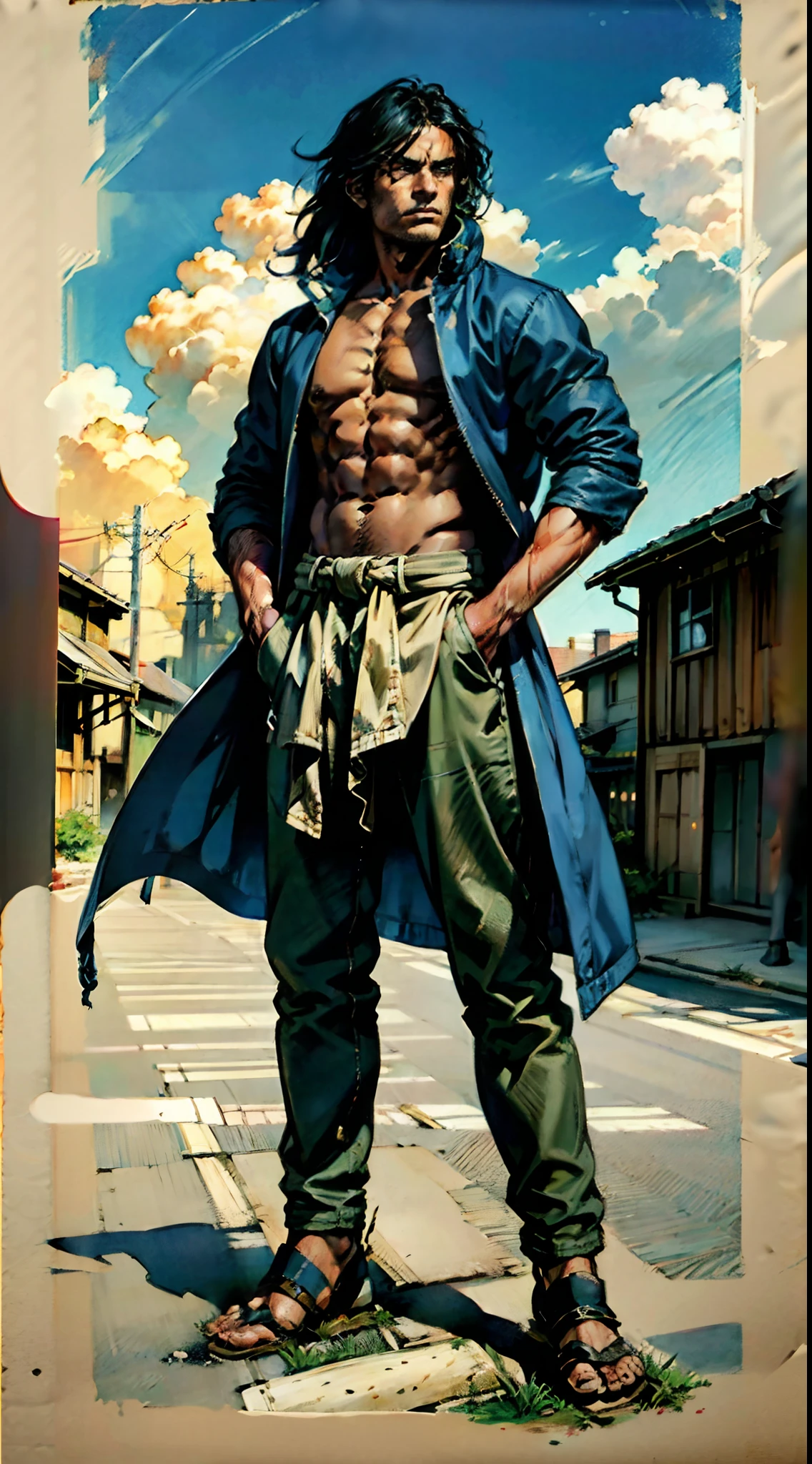 A young man, long black hair, his hair bangs hanging down to cover his eyes, a forlorn expression, head bowed, a long windbreaker coat, rolled-up sleeves, the windbreaker open, revealing his sturdy chest and abdominal muscles, loose coarse cloth trousers, the waist of the trousers reaching the navel, hands inserted into the pockets of the coat, he stands in the dimly lit night on a medieval street in a fantasy-style setting, this character embodies a finely crafted fantasy-realistic style ronin in anime style, characterized by an exquisite and mature manga illustration art style, high definition, best quality, highres, ultra-detailed, ultra-fine painting, extremely delicate, professional, anatomically correct, symmetrical face, extremely detailed eyes and face, high quality eyes, creativity, RAW photo, UHD, 8k, Natural light, cinematic lighting, masterpiece-anatomy-perfect, masterpiece:1.5