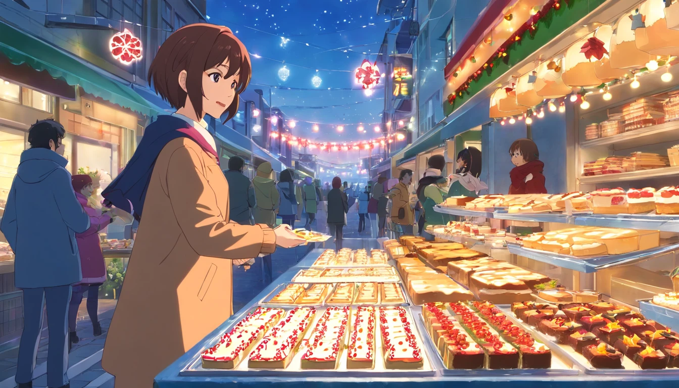 Bustling street、Female clerk selling Christmas cake、natta、