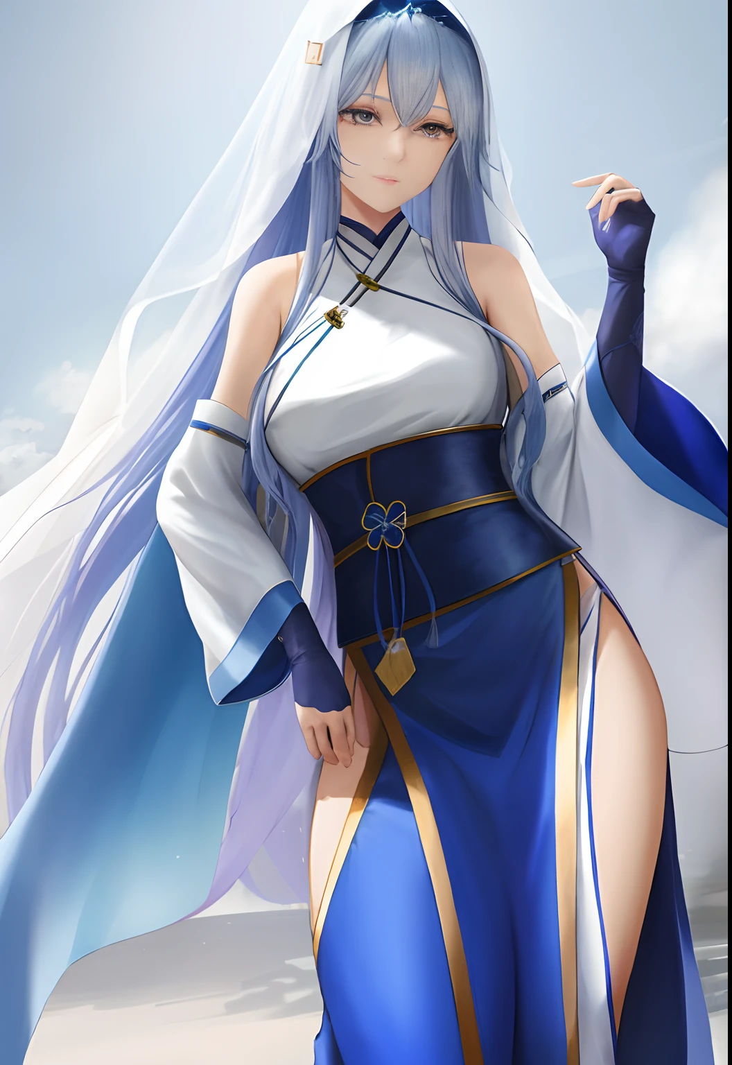 Kizi,full bodyesbian,Her pale blue hair was tucked high behind her head,A strand of pale blue hair fell from his face,Blue eye patch,High nose,Moist but slightly cool red lips
Blue women's hanfu,Delicate figure,Thin waist,Bai Xiao held a long sword in his hand,Cold white long sword,Cool temperament,Photorealsitic,tmasterpiece,Best quality,Best quality at best,Real people,Authentic style