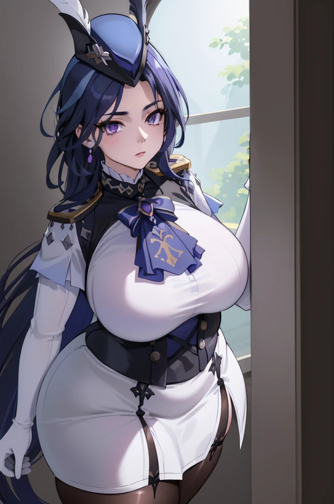 clorinde (genshin impact), purple eyes, purple hair, purple clothes, tight stockings, big breasts, big ass, big thighs, tight thighs, tight breasts, looking at the viewer, smiling sexy, front body position, sweating a little, blush, looking sexy, tongue out, Ahegao, mami, mqmf, open neckline, symbol-shaped pupils, open mouth, lower teeth, upper teeth, blurry, lingerie panties, underwear eyebrows visible through hair, pubic hair, mismatched pubic hair, visible pubic hair