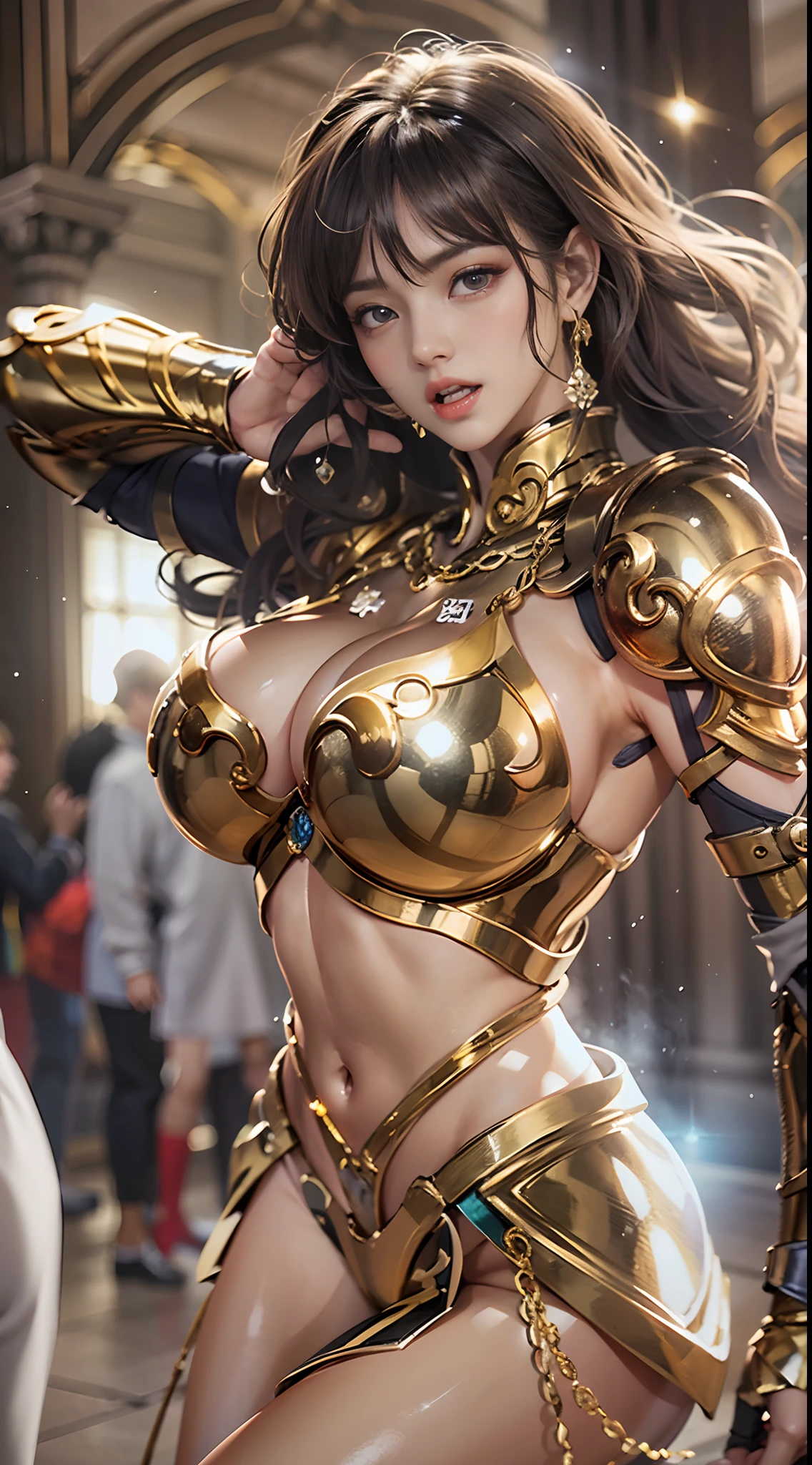 In the martial arts arena of the Colosseum in Greece、Martial Arts Tournaments、Saint Seiya、Beautiful One Girl、huge-breasted、cleavage of the breast、beauty legs、(((Wearing futuristic combat armor that shines in gold)))、Shining silver chains are connected from all sides、Unbelievable number of glittering chains、Armed with chains、((Scream))、((exclamation))、((fighting poses))、8k, top-quality, （pubic hair beauty）、hight resolution, 逼真, realperson,