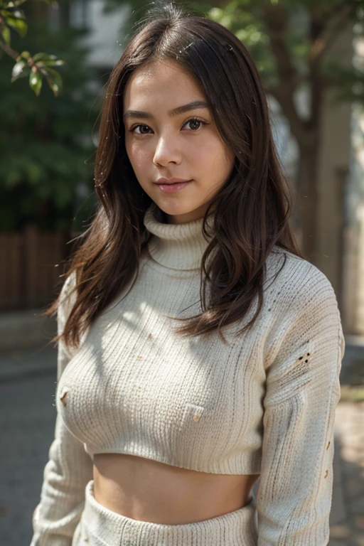 (Huge chickadee、Turtleneck knitwear、gibbet)、(Superior quality,Masterpiece:1.3,超A high resolution,),(Ultra-detailed,Caustic),(Photorealistic:1. 4,RAW shooting,)Ultra-realistic capture,A very detailed document,high definition16Kfor human skin、 Skin grain is natural、、 Skin looks healthy with even skin tone、 Use natural light and color, a woman,Japanese,,The kawaii,A brunette,medium hair,(depth of field、Chromatic ambience、、Large range of lighting、natural shading、)、(Hair sways in the wind: 1. 2)、 Tokyo street、full body、 boobs out、 smile