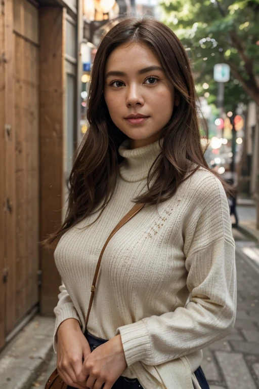 (Huge chickadee、Turtleneck knitwear、gibbet)、(Superior quality,Masterpiece:1.3,超A high resolution,),(Ultra-detailed,Caustic),(Photorealistic:1. 4,RAW shooting,)Ultra-realistic capture,A very detailed document,high definition16Kfor human skin、 Skin grain is natural、、 Skin looks healthy with even skin tone、 Use natural light and color, a woman,Japanese,,The kawaii,A brunette,medium hair,(depth of field、Chromatic ambience、、Large range of lighting、natural shading、)、(Hair sways in the wind: 1. 2)、 Tokyo street、full body、 boobs out、 smile