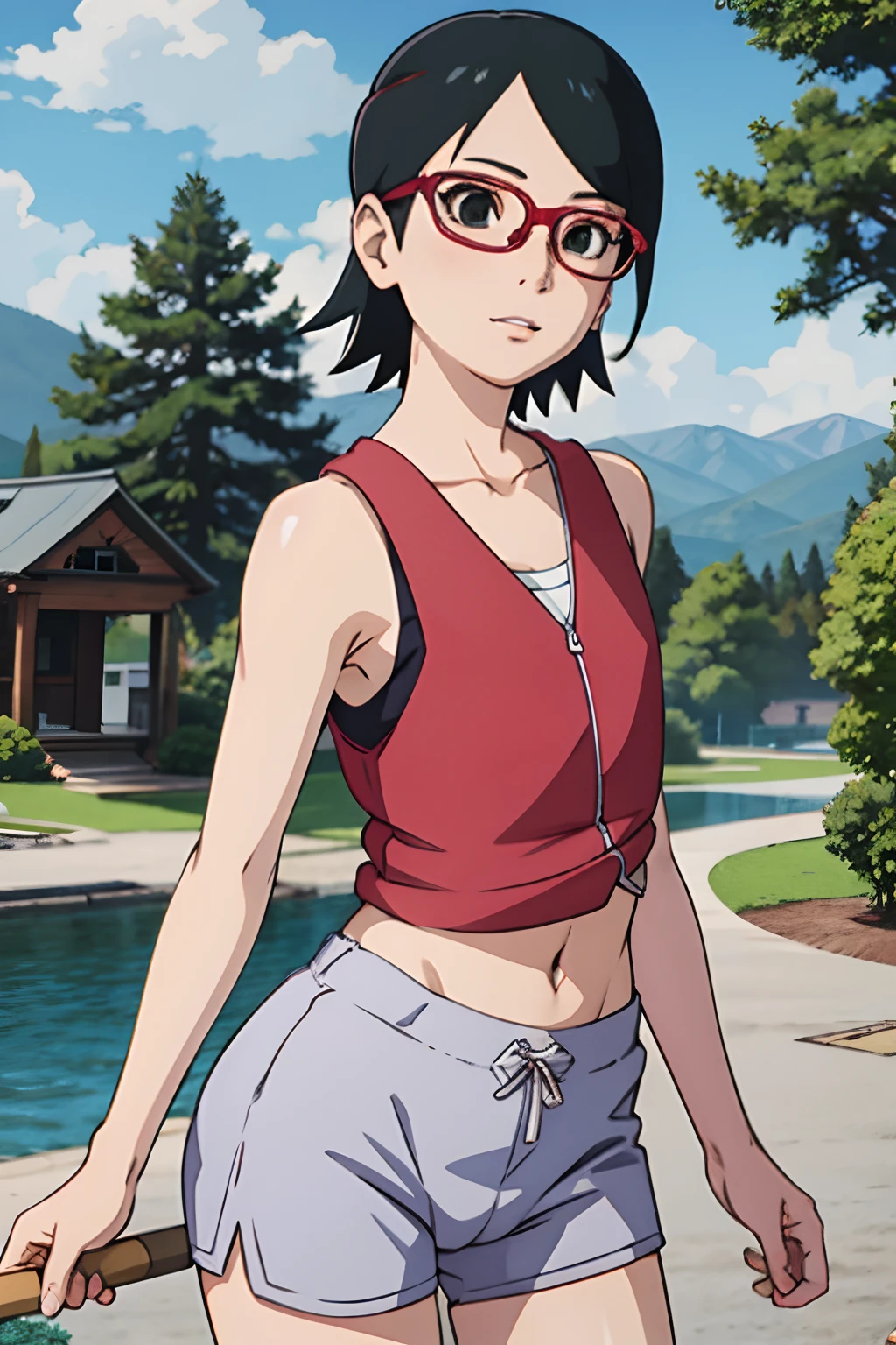 masterpiece, best quality, 1girl,beidoudef, moist skin, detail skin, dolphin shorts,bra under tank top, bra, tank top, sleeveless, ghibli style, outdoors, village, konoha, naruto, cowboy shot, standing, cameltoe, sarada uchiha, glasses, short hair, small breast, small ass, small hips, small thighs, black eyes, black hair