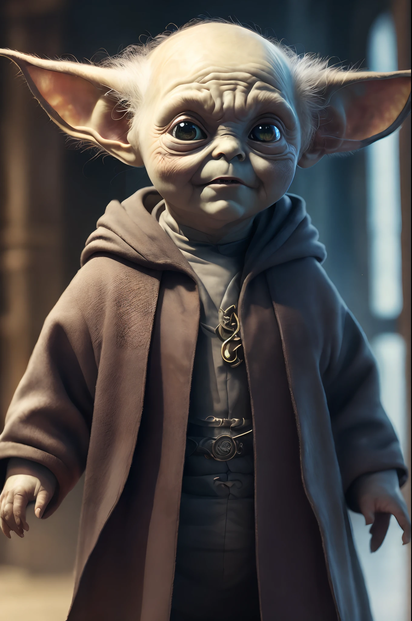 (realistic photo:1.5), (((high resolution photo))), (((extremely detailed))), ((masterpiece)), dramatic shadows, depth of field, 35 mm, (((best quality))), (realistic: 1.4), (Baby Yoda but Voldemort), in Hogwarts, Magic school, mantle, magic wand, full body shot, wide lens, detailed face, wet eyes, weary eyes, fine eyes, brightly colored eyes, bioluminescence, fantasy aura, cinematic, by Greg Rutkowksi