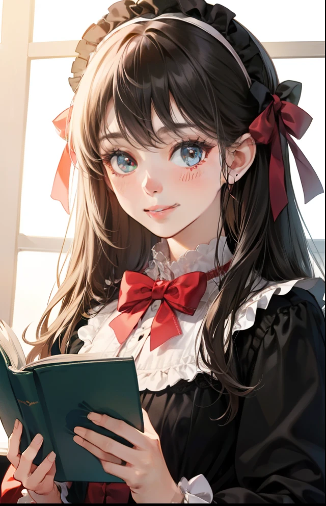 girl with、Background white、without background、A dark-haired、The long-haired、with blush cheeks、ta Fashion、bow ribbon、frilld、Smiling、Reading a book、lecture、Boken、kawaii、without background