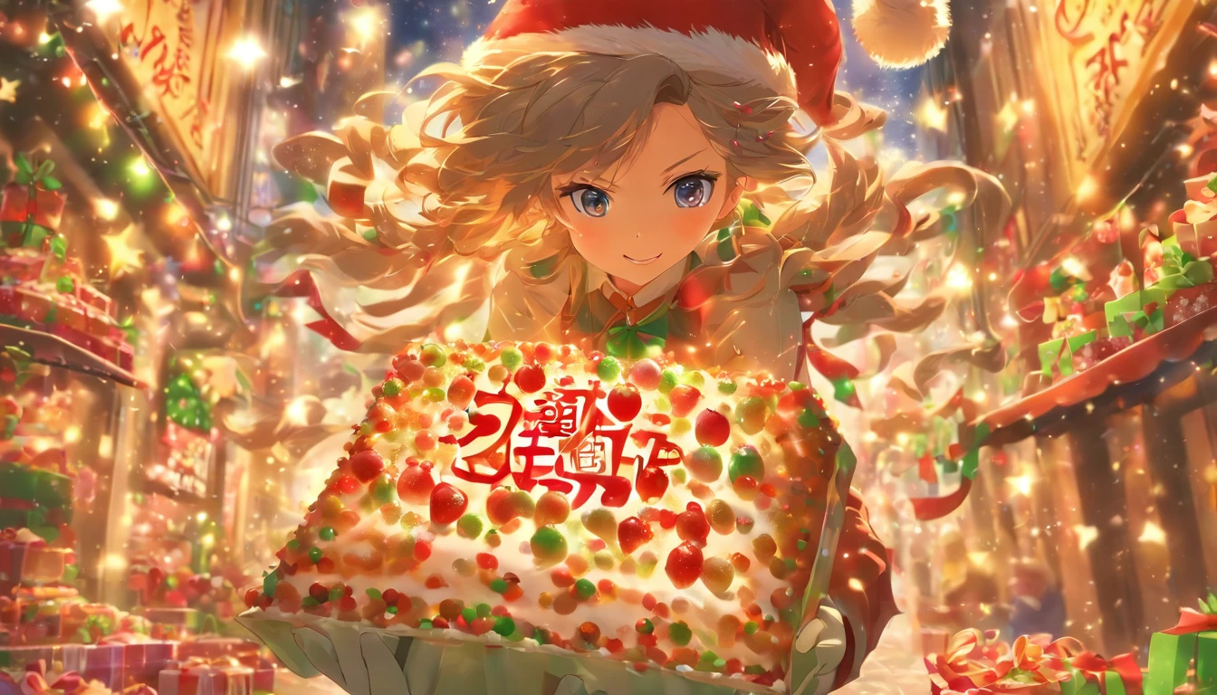 Bustling street、Female clerk selling Christmas cake、natta、