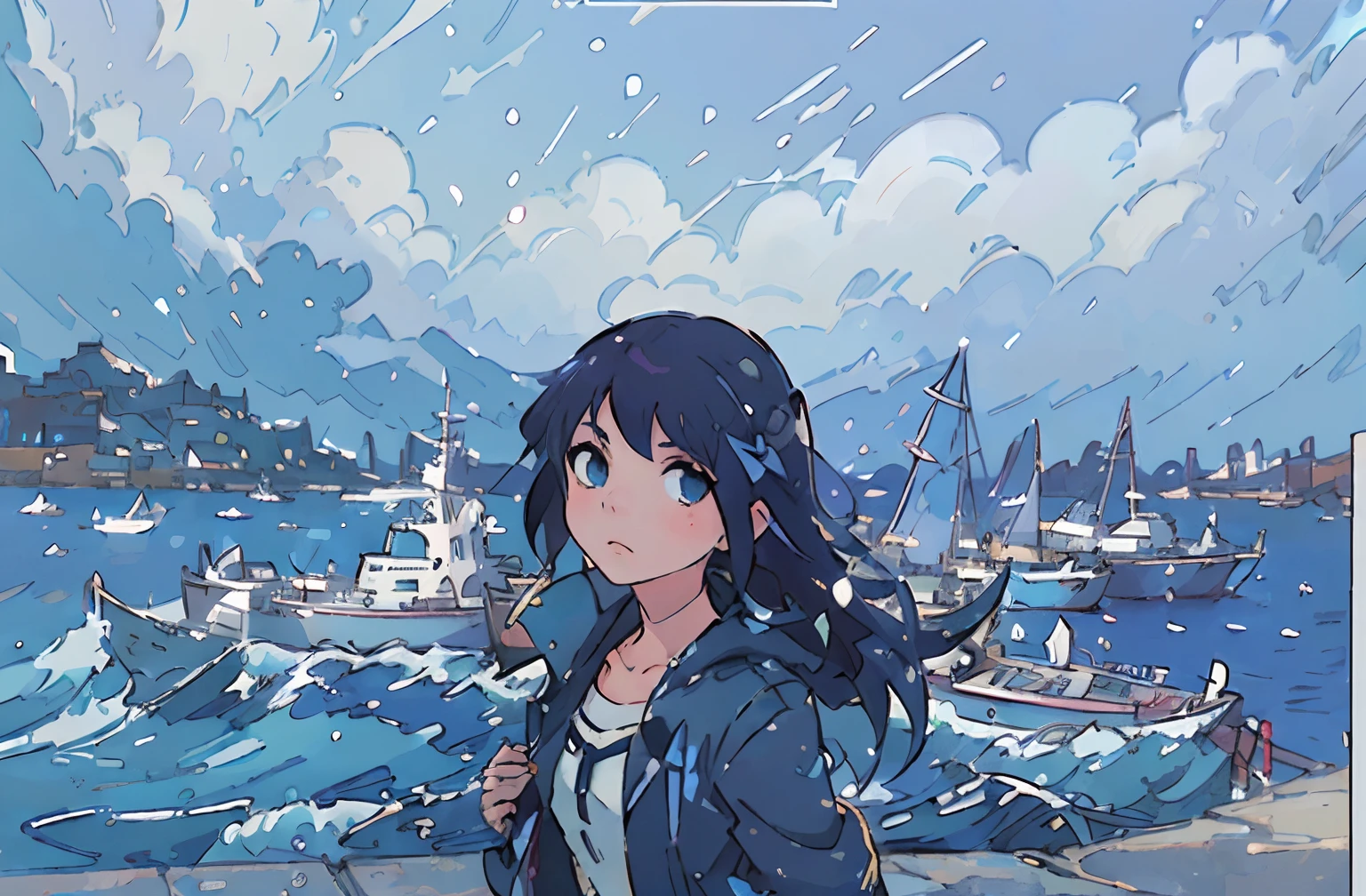 Anime girl looking out at the port,The background is a ship, anime visual of a cute girl, lofi-girl, Blue sea. By Makoto Shinkai, beautiful anime scenes, ( ( Makoto Shinkai ) ), wallpaper anime blue water, anime visual of a young woman, Makoto Shinkai,Huge red bow on the back of the hair,Normal skin color