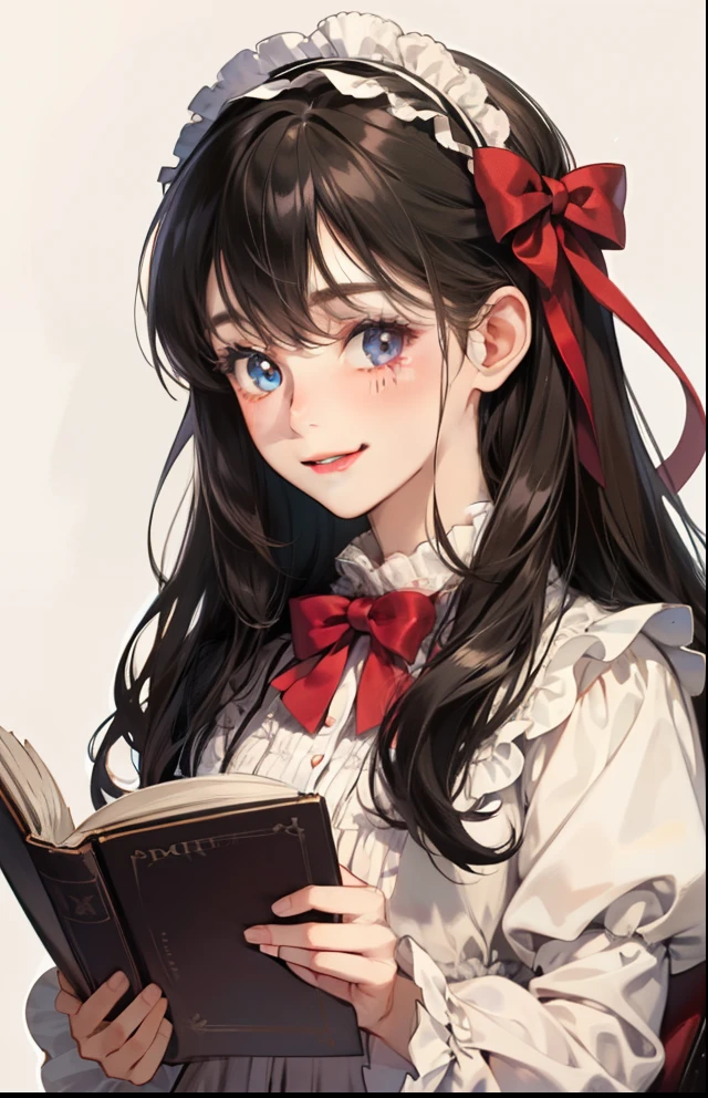 girl with、Background white、without background、A dark-haired、The long-haired、with blush cheeks、ta Fashion、bow ribbon、frilld、Smiling、Reading a book、lecture、Boken、kawaii、without background