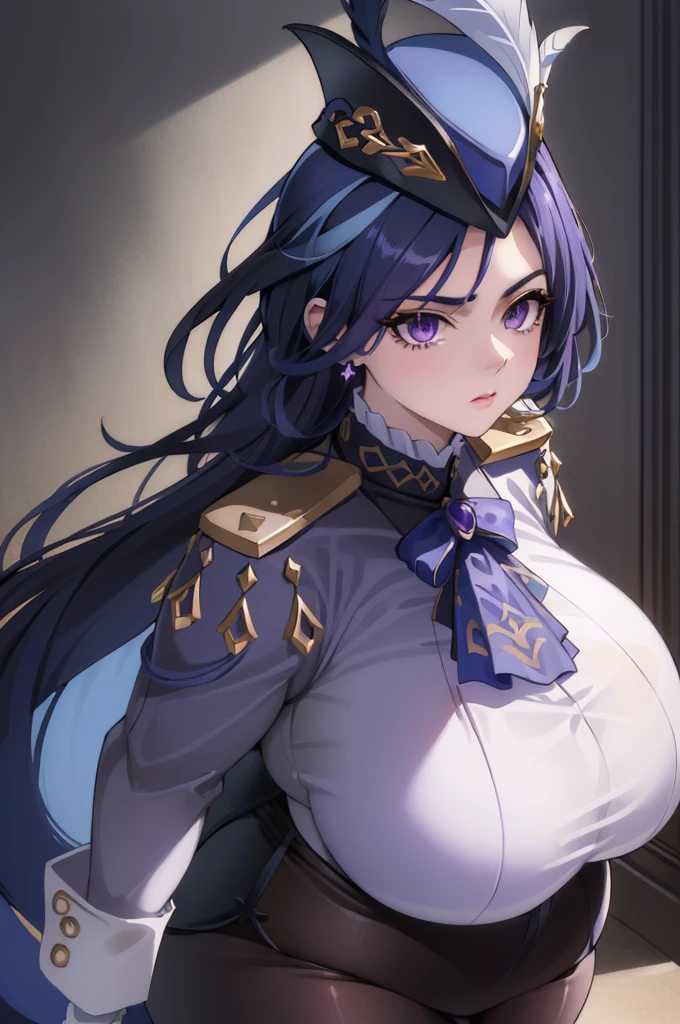 (masterpiece, best quality:1.2),illustration,8k,hd,1girl,solo,upper body,(portrait:1.2),beret,gloves,white_gloves,hat,skindentation,large_breasts,cape,purple_hair,twintails,black_thighhighs,covered_navel,red_eyes,long_hair,dress,black_headwear,red_cape,bangs,italian_flag,taut_clothes,green_dress,black_cape,long_sleeves,sidelocks,center_frills,framed_breasts,frills,<lora:Pola(azur)>,