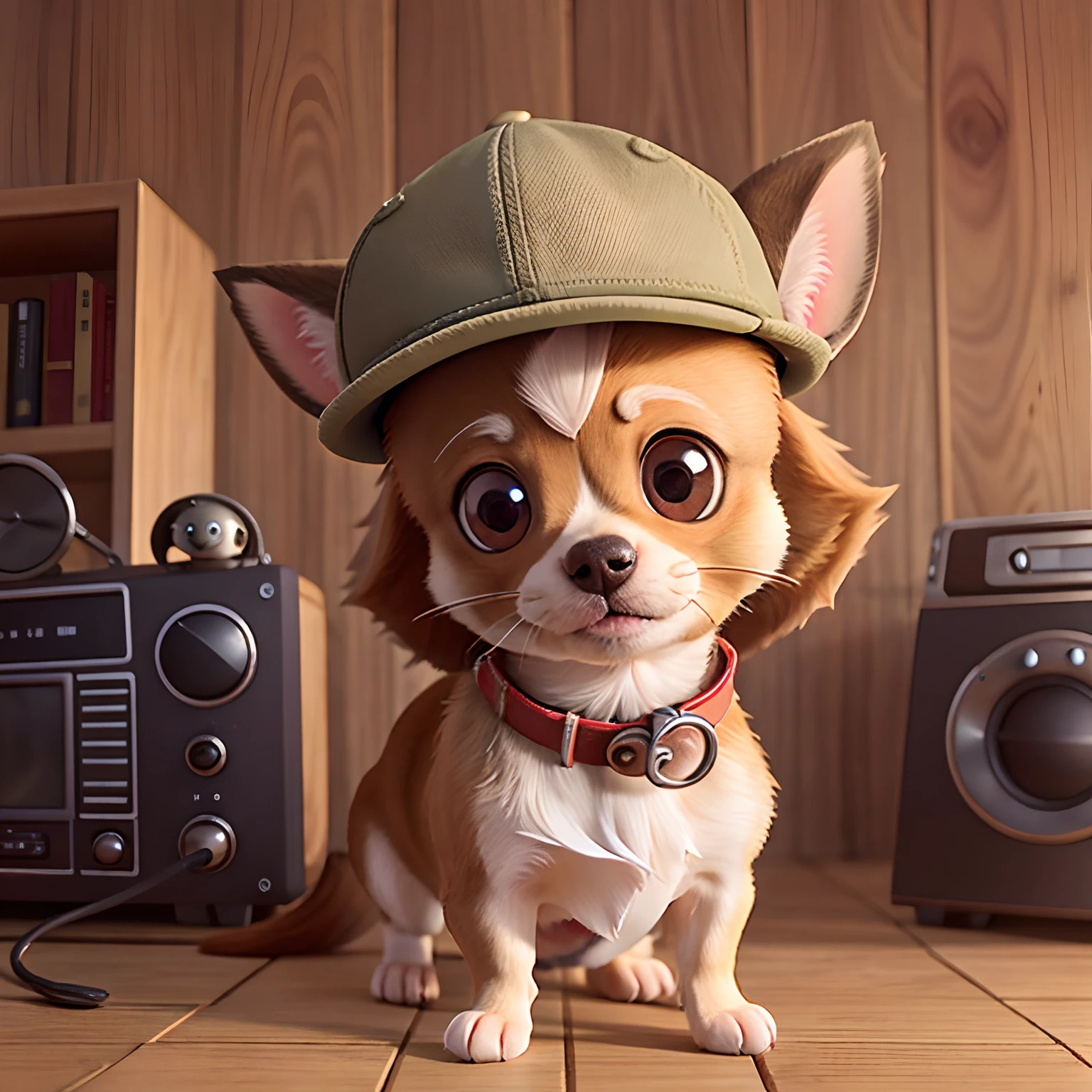 The Chihuahua looks into the camera with a look of surprise and bewilderment, Turn your head to the side、Bushy hair, Radio booth、Chihuahua with a hat