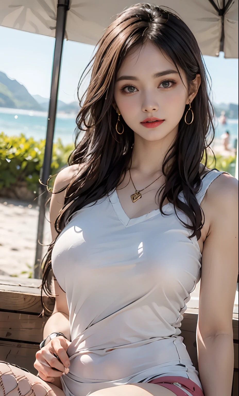 (RAW Photos:1.2),hightquality,Beautiful meticulous girl,sandbeach,beach side,coconut tree,above from,extremely detailed eye and face,beatiful detailed eyes,hugefilesize,hight resolution,8k wallpaper,Up to detail,Light on the Face,cinmatic lighting, girl,sexy pose,(photo realisti:1.4),illustratio,Ultra-realistic realism,above from,super detailing, tmasterpiece, fishnets pantyhose, short detailed hair,Bigchest
