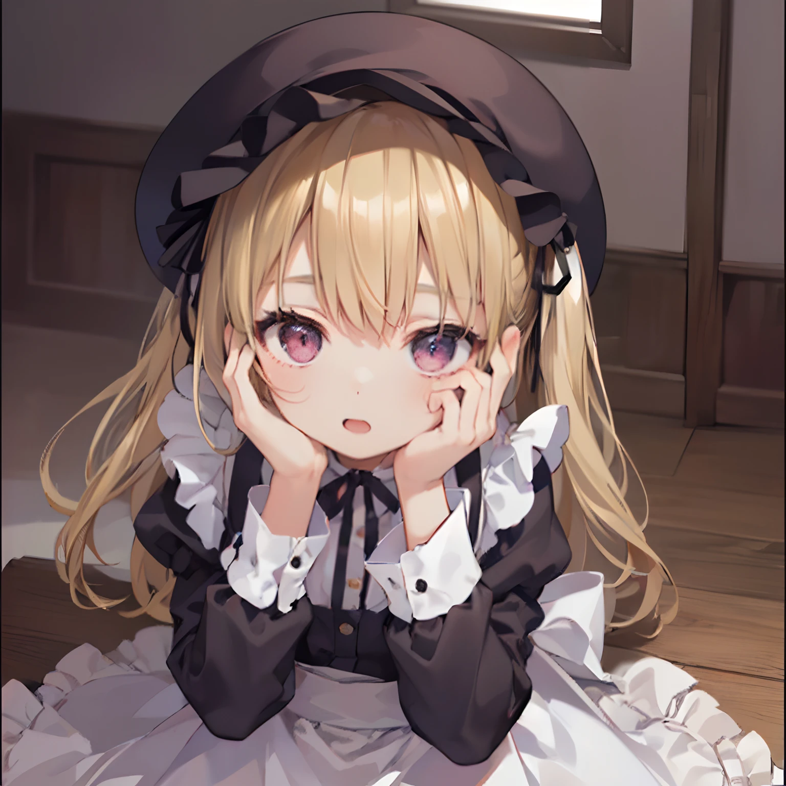 best quality, super fine, 16k, RAW photo, photorealistic, incredibly absurdres, extremely detailed, delicate, flashy and dynamic depiction, very cute black maid, black maid uniform, veil, bonnet, long skirt, lace, embroidery, frills, blonde hair tied up, Gothic, Romanesque, Baroque, Renaissance, Rococo, Art Nouveau, shining big round blue eyes, superlative body proportion, background fairytale fantasy, flower bed in the mansion