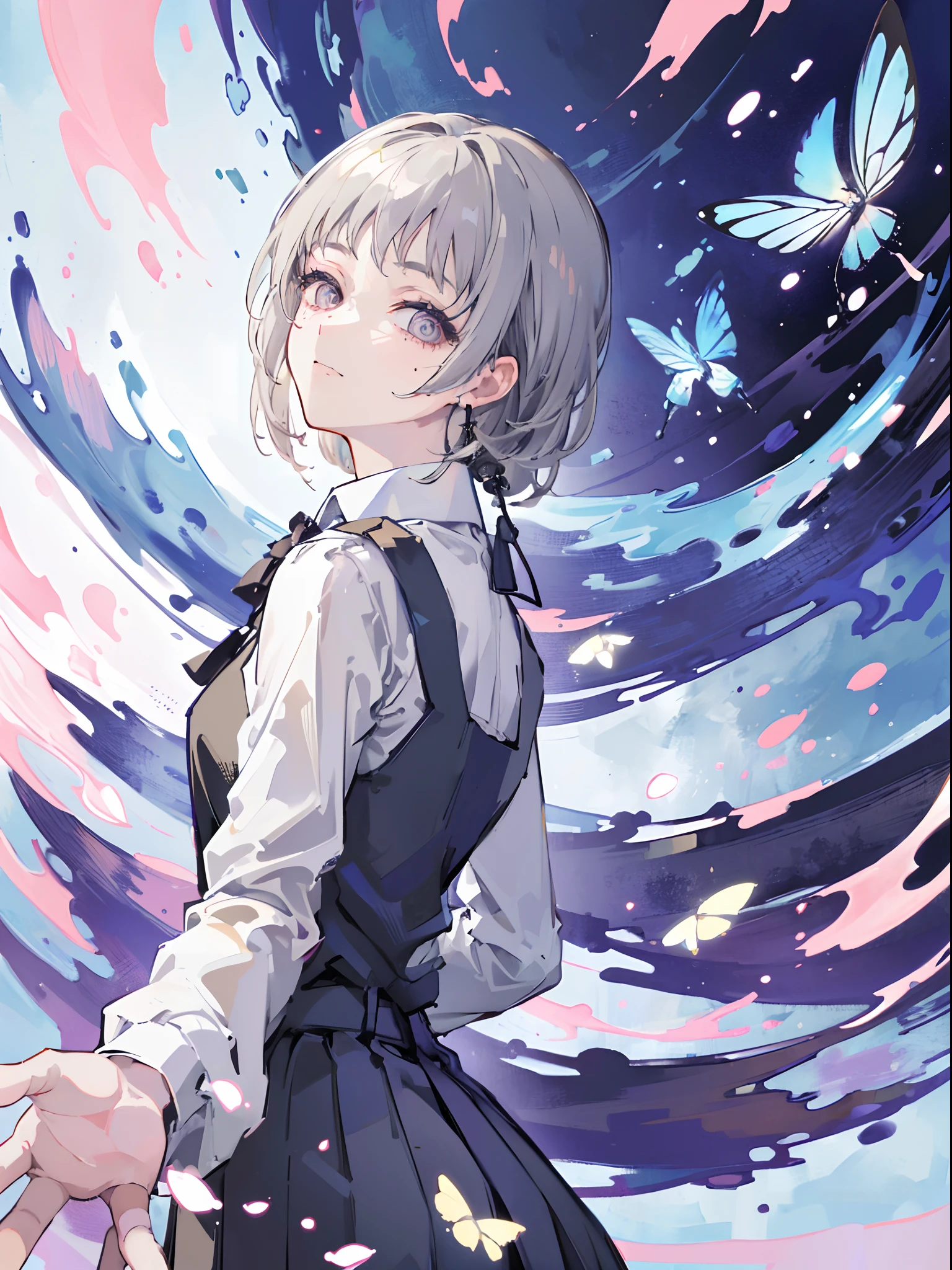 (masterpiece, top quality, best quality,official art, beautiful and aesthetic:1.2),(1girl:1.3), gray hair, butterflys