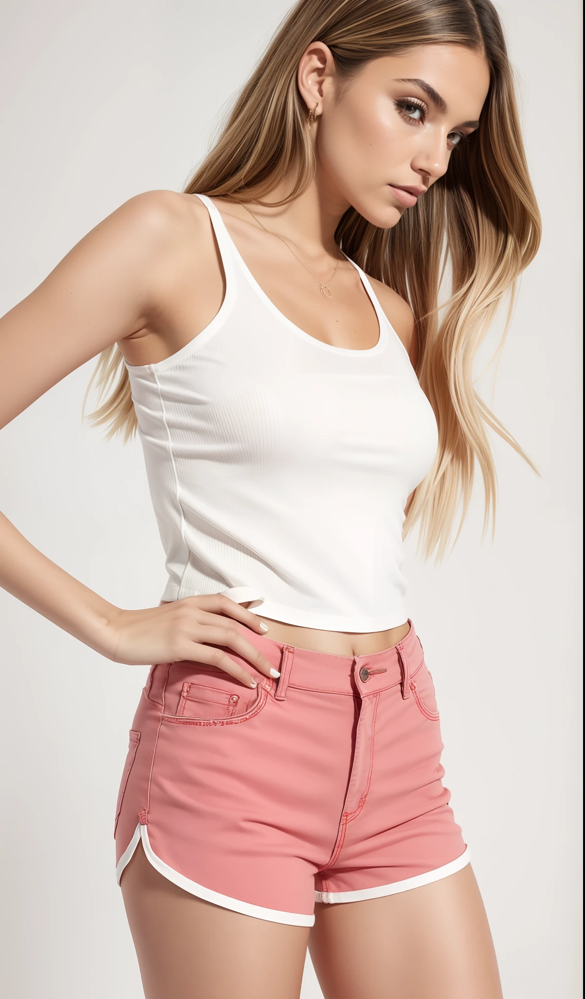um close up de uma mulher com uma regata branca e shorts rosa, Tampo branco do tanque, usando um top cropped sexy, vestindo regata e bermuda, topo de corte, camiseta longa branca, usando uma regata cropped preta, usando uma regata preta cropped, Tampo do tanque apertado, vestindo camisola e shorts, usando um top cropped, usando topo de corte
