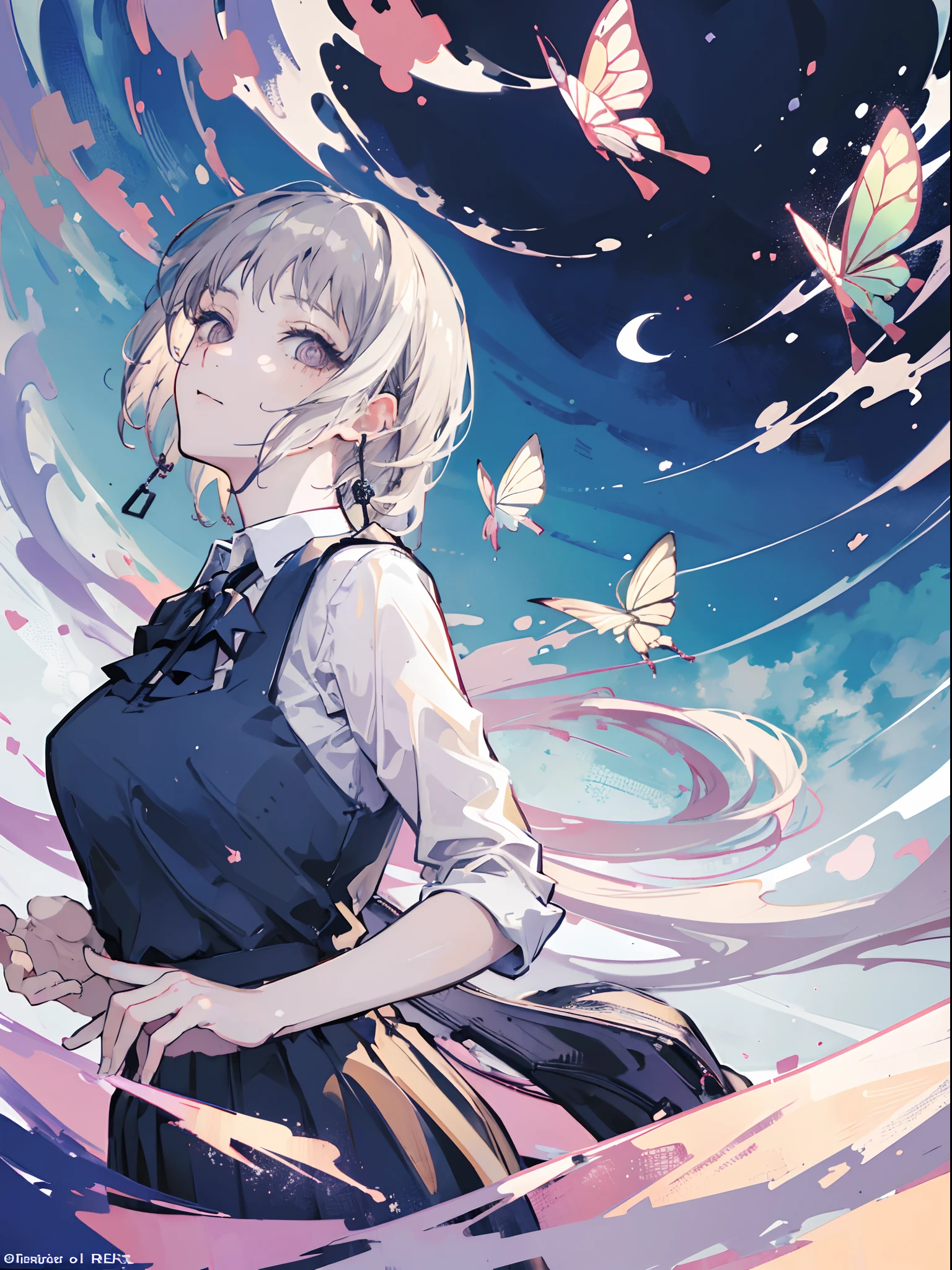 (masterpiece, top quality, best quality,official art, beautiful and aesthetic:1.2),(1girl:1.3), gray hair, butterflys