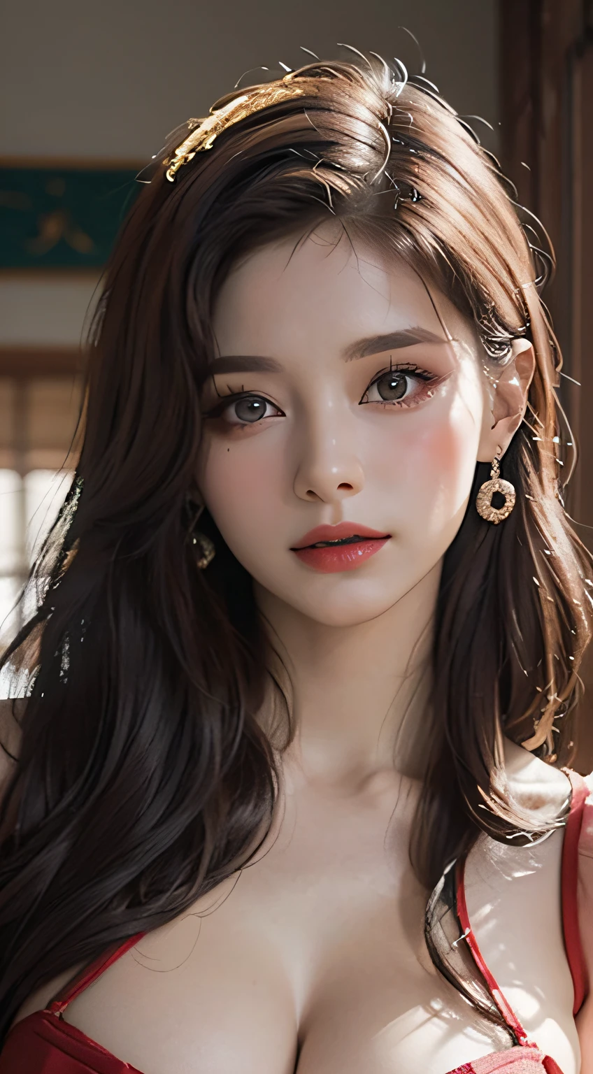 shukezouma, rendering by octane, hdr, (ultra - detailed:1.25), (Soft light, Sharp:1.2), 1girll, light make-up,ssmile,Beautiful girl, dark brown hair, hyper detail eyes, mature, Painting drops, paint teardrops, woman made up from paint, entirely paint, splat, Splash, Long colored hair, Kimono made of red paint, Ultra-fine texture kimono, Paint kimono, paint bulb, Exposed cleavage, Sexy, paint drops, Indoors, Exposed shoulders, Tears, Sexy, shoulders are visible, Thighs exposed, seminude, focus onface, Beautiful face, eye shadows, Dark circle contour, russian face, Russian girl, mascara, Beautiful, 18yr old