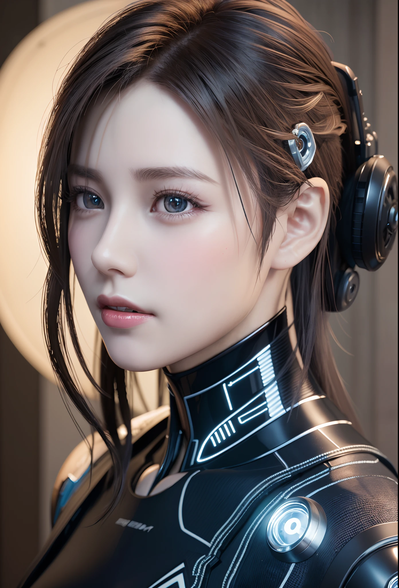 complex 3d render ultra detailed of a beautiful porcelain profile woman android face, cyborg, robotic parts, 150 mm, beautiful studio soft light, rim light, vibrant details, luxurious cyberpunk, lace, hyperrealistic, anatomical, facial muscles, cable elect...