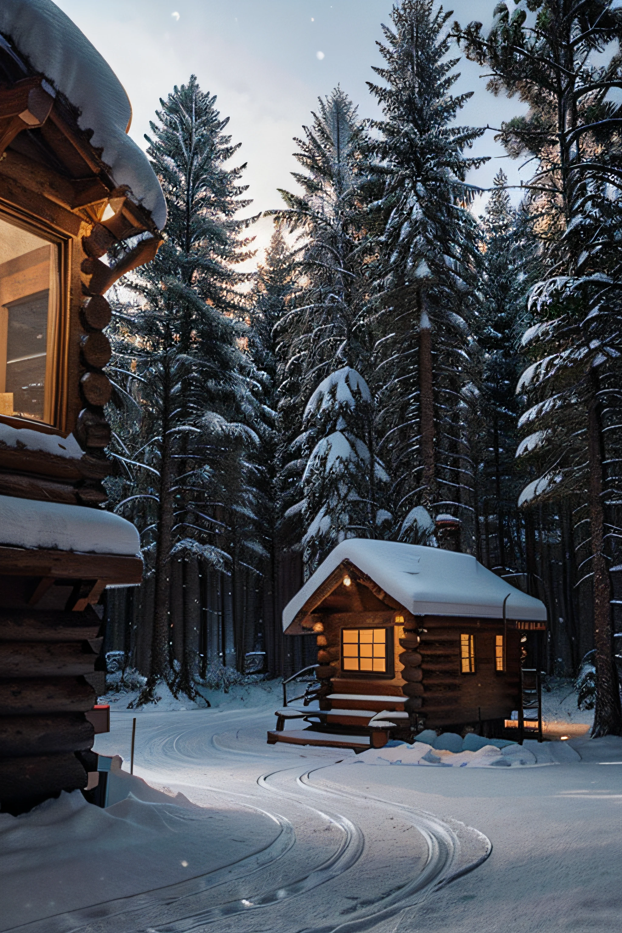 "A magical winter scene with a blanket of fresh snow covering a pine forest, with a cozy cabin emitting a warm glow from its windows."