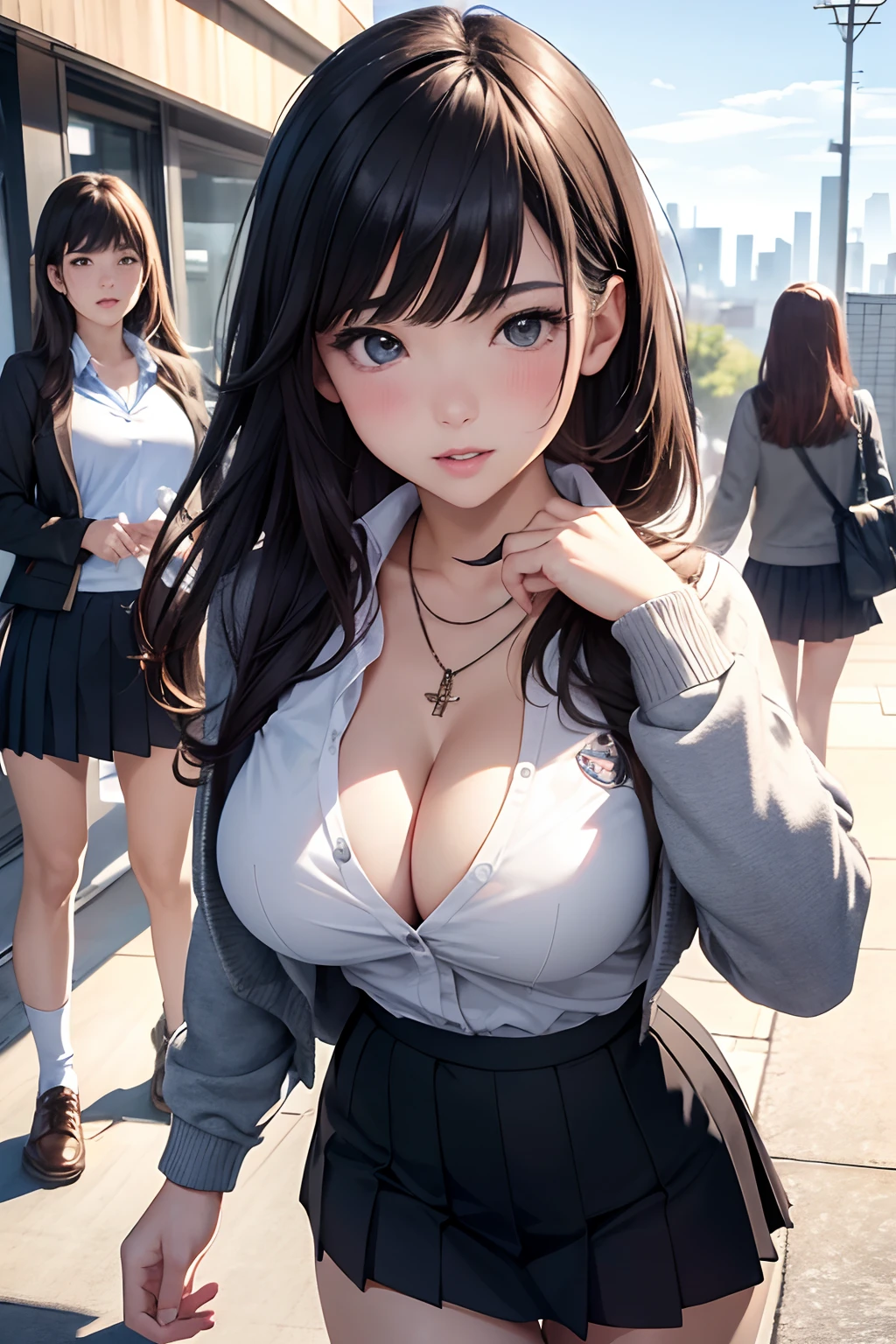 masterpiece, highres, absurdres, texture,3girls, group shot of students, , girls in school clothes, skirt, school sweater, medium breasts, cleavage, cityscape, flirtatious look, ((very detailed)), (perfectly detailed face), (well detailed hand) photorealistic image.