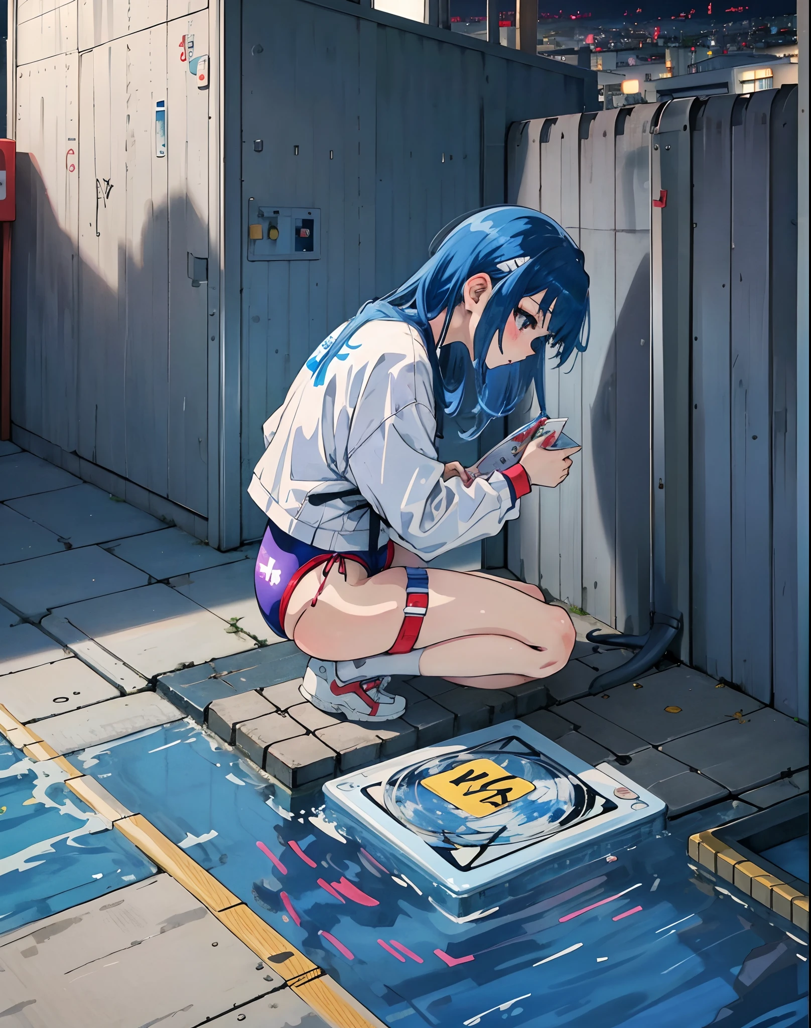 Anime style, girl, white vinyl competitive swimsuit, kneeling, spread legs, high leg, residential area, late night, young elementary school student, long blue hair, hands tied behind head