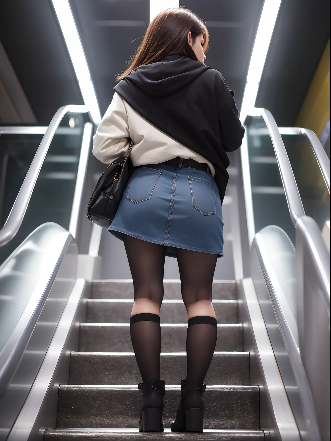 Rear view of a woman in a miniskirt going up an escalator in the night city