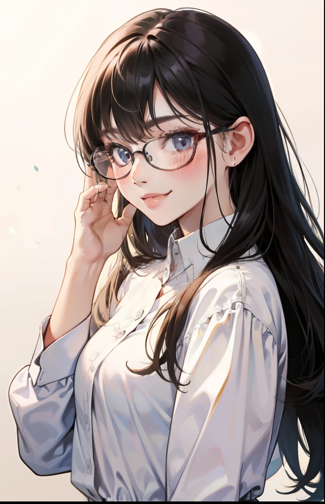 girl with、Background white、without background、A dark-haired、The long-haired、with blush cheeks、Long sleeve white shirt、frilld、eye glass、wears glasses、Smiling、kawaii、without background