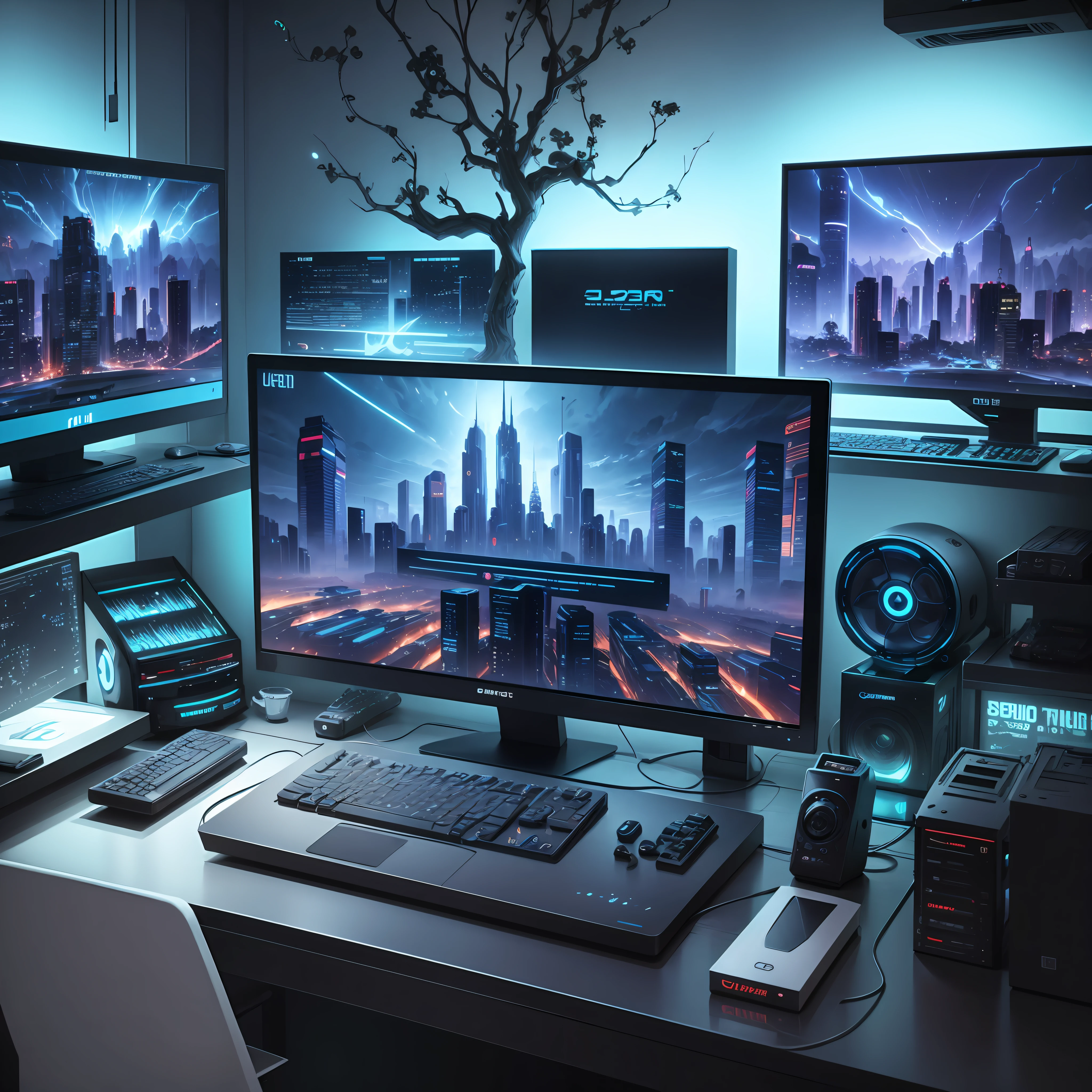 Gamer computer, futuristic style, environment in a house, best quality image, 8k quality --auto --s2
