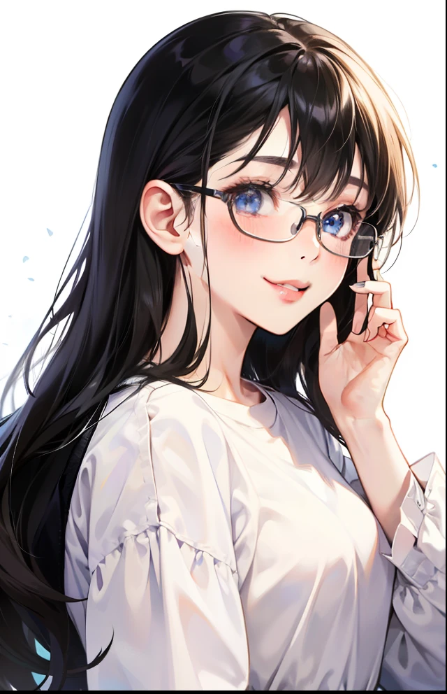 girl with、Background white、without background、A dark-haired、The long-haired、with blush cheeks、Long sleeve white shirt、frilld、eye glass、wears glasses、Smiling、kawaii、without background