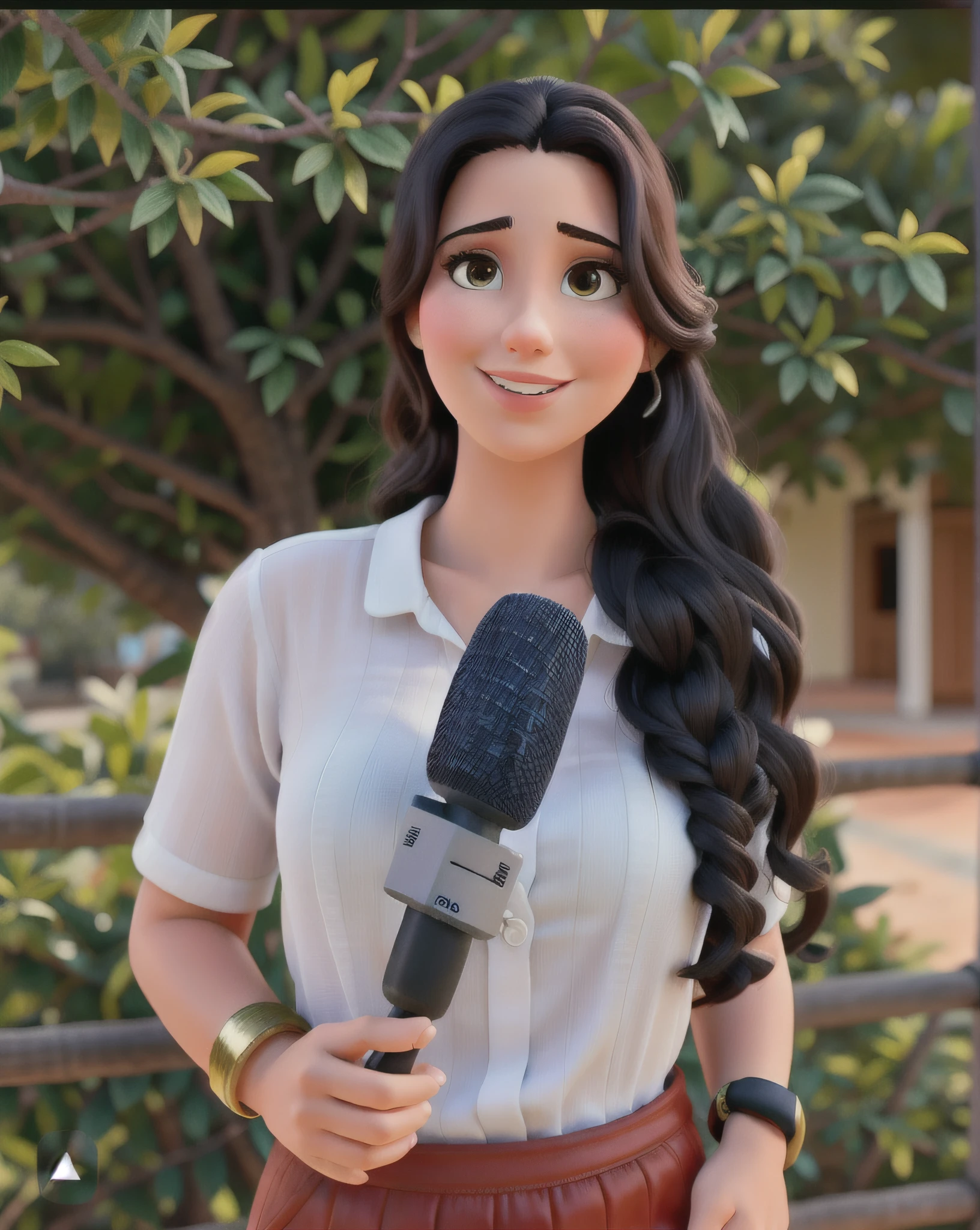 Tainá Reis reporter, usando microfone, estilo disney pixar, melhor qualidade, alta qualidade