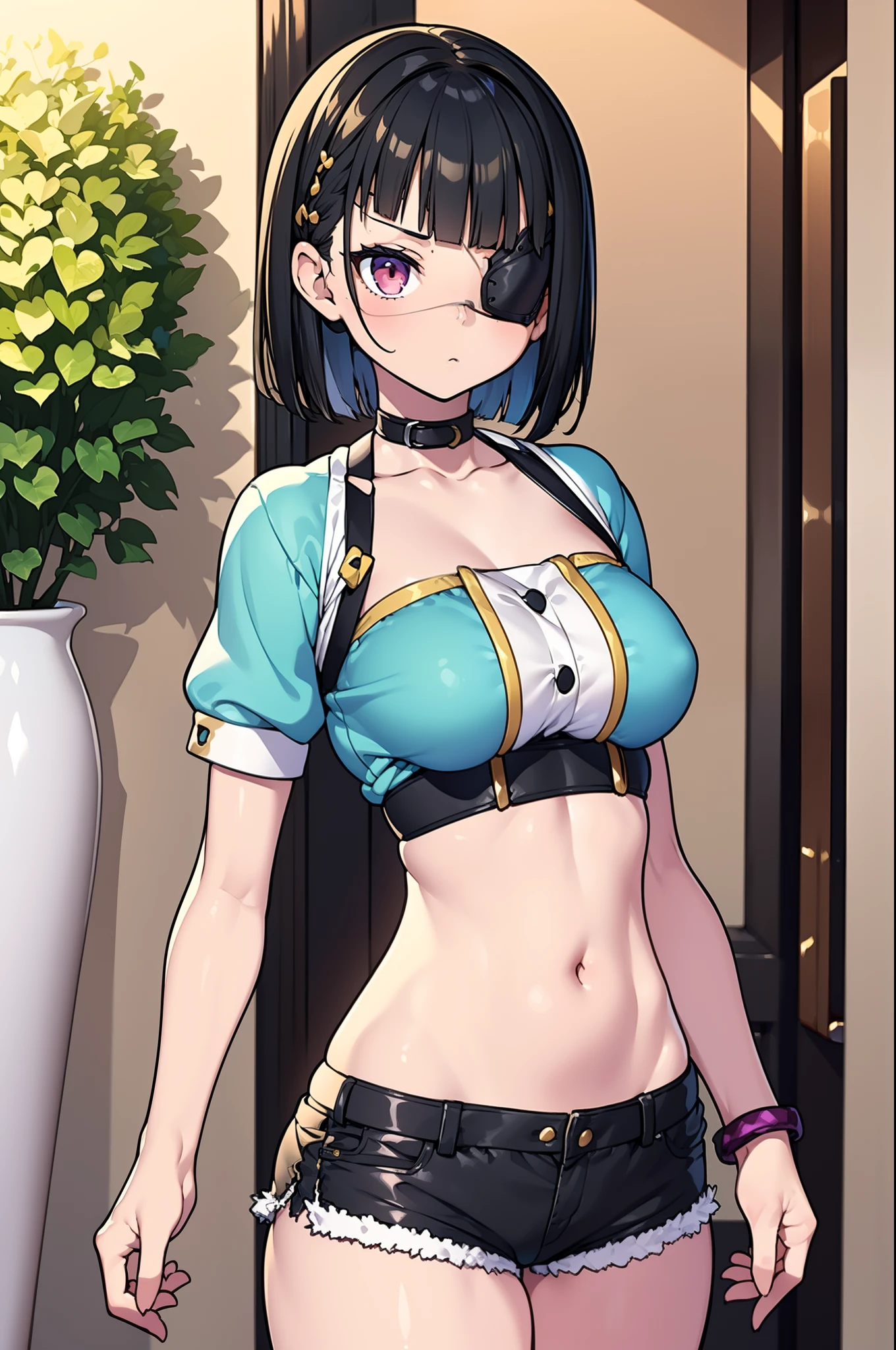 (masterpiece, best quality, sfw), li girl, 1girl, ((solo)), (half body vtuber pose), (fashionable, short sleeves, tube top, short shorts, eye patch, straight bangs, short hair), visible hands