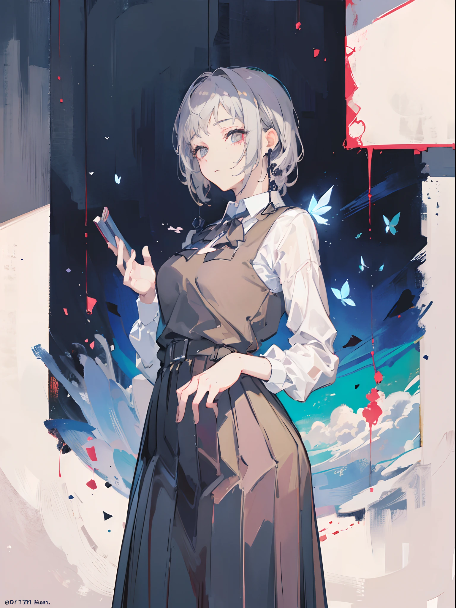 (masterpiece, top quality, best quality,official art, beautiful and aesthetic:1.2),(1girl:1.3), gray hair, butterflys