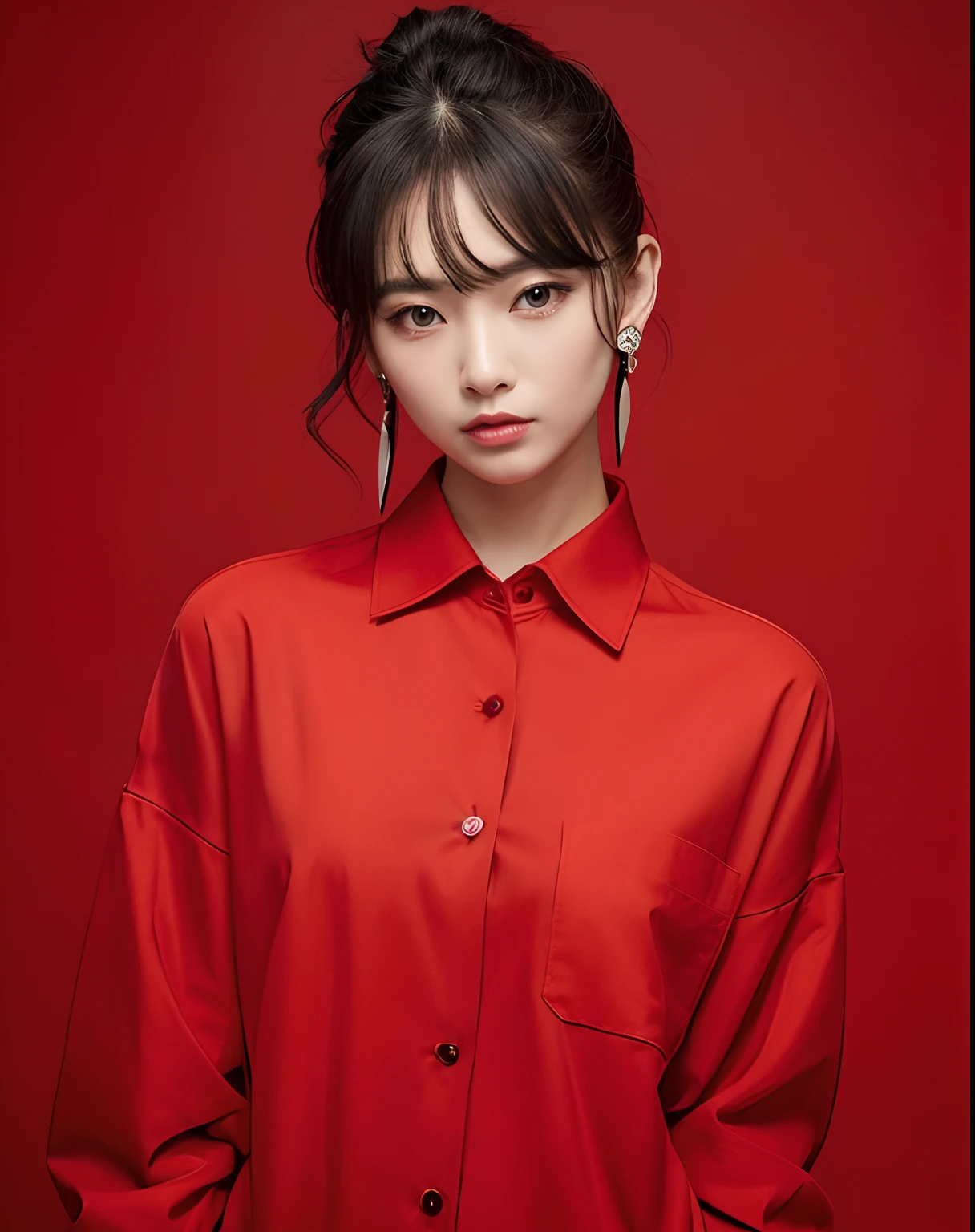 BREAK (Red Theme:1.4), (Tuckout&Oversized red collared shirt with button-up、Red shirt hem:1.5), (Long sleeves:1.2), ((鎖骨, wrist):1.3),
BREAK (Black theme:1.2), (Black Tight Long Pants:1.2), (ankle:1.3), (high-heels:1.2), ((Necklace, earrings):1.2),