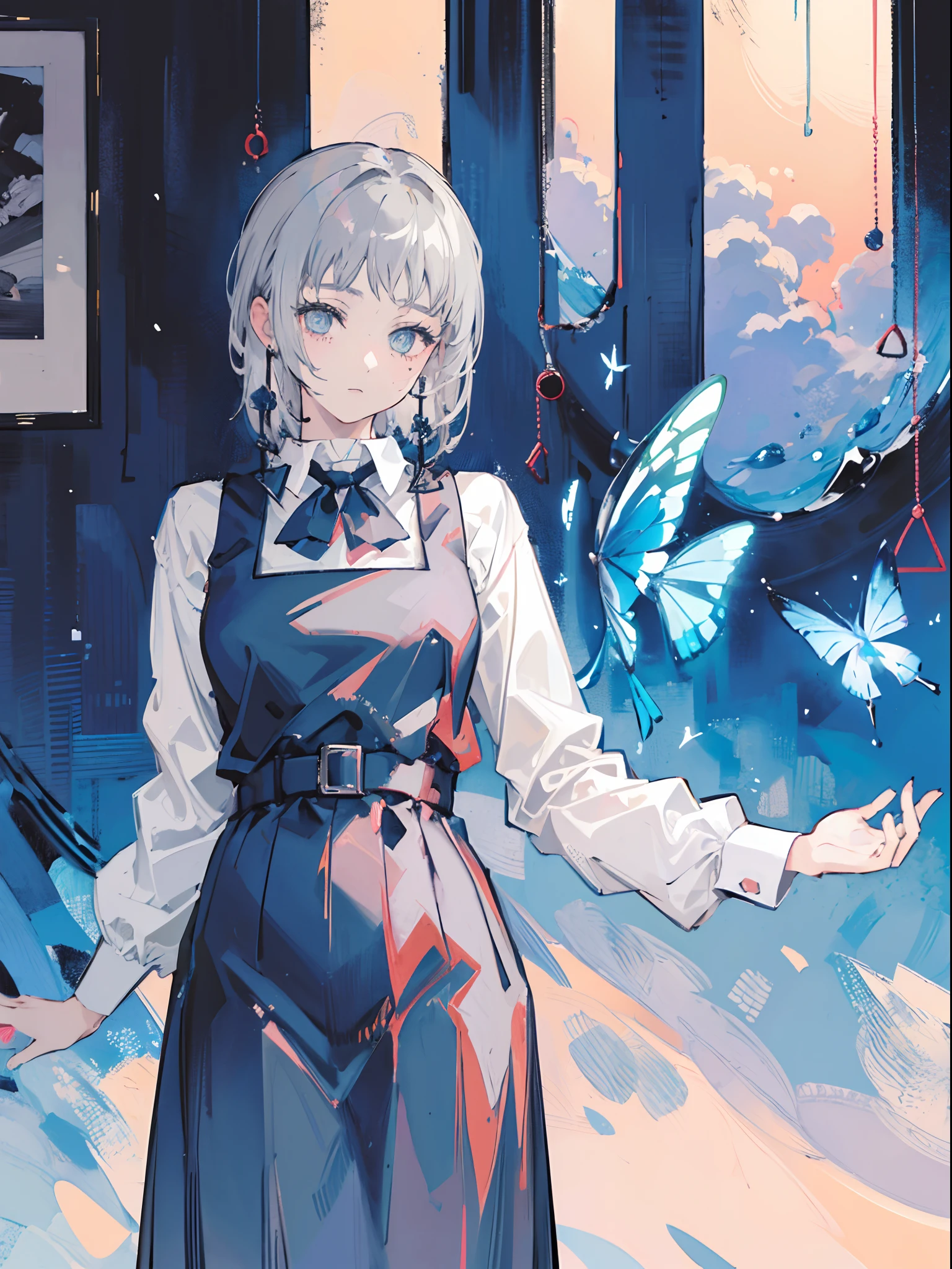 (masterpiece, top quality, best quality,official art, beautiful and aesthetic:1.2),(1girl:1.3), gray hair, butterflys