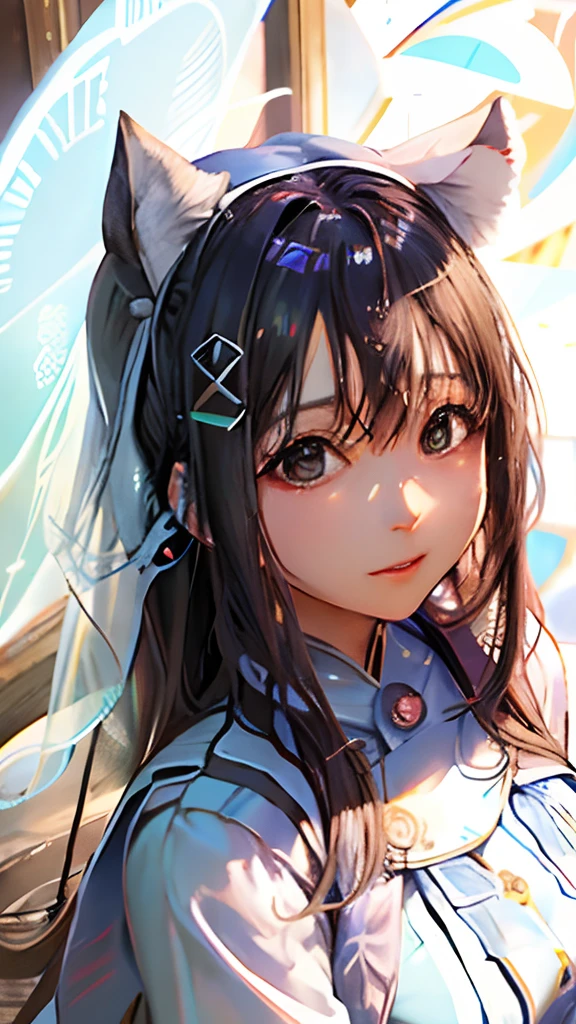(​masterpiece、top-quality、top-quality、Official art、Beautifully Aesthetic:1.2)、(1girl in)、ighly detailed、(Fractal Art:1.3)、colourfull、highestdetailed、face perfect、The upper part of the body、nffsw、(doa:1.3)、(Blue lines on white cloak:1.2)、intergalactic、(light streaks)、striking visuals、(Dynamic streaks、Bright trajectory:1.2)、vivd colour、"Design a magical girl named Ariana who has awakened her magical powers, And the moment, Her hair and eyes begin to glow like magic." "Design a special magical outfit for Ariana. Incorporate magical elements into uniforms and hats, pure、pure、pure、pure、pure、Also consider what to wear in battle." "Incorporate design elements that reflect her personality, Show Courage, inner strength, And a passion for friendship." "Consider the background and environment、Created a design that expresses the world view in which Ariana is active."