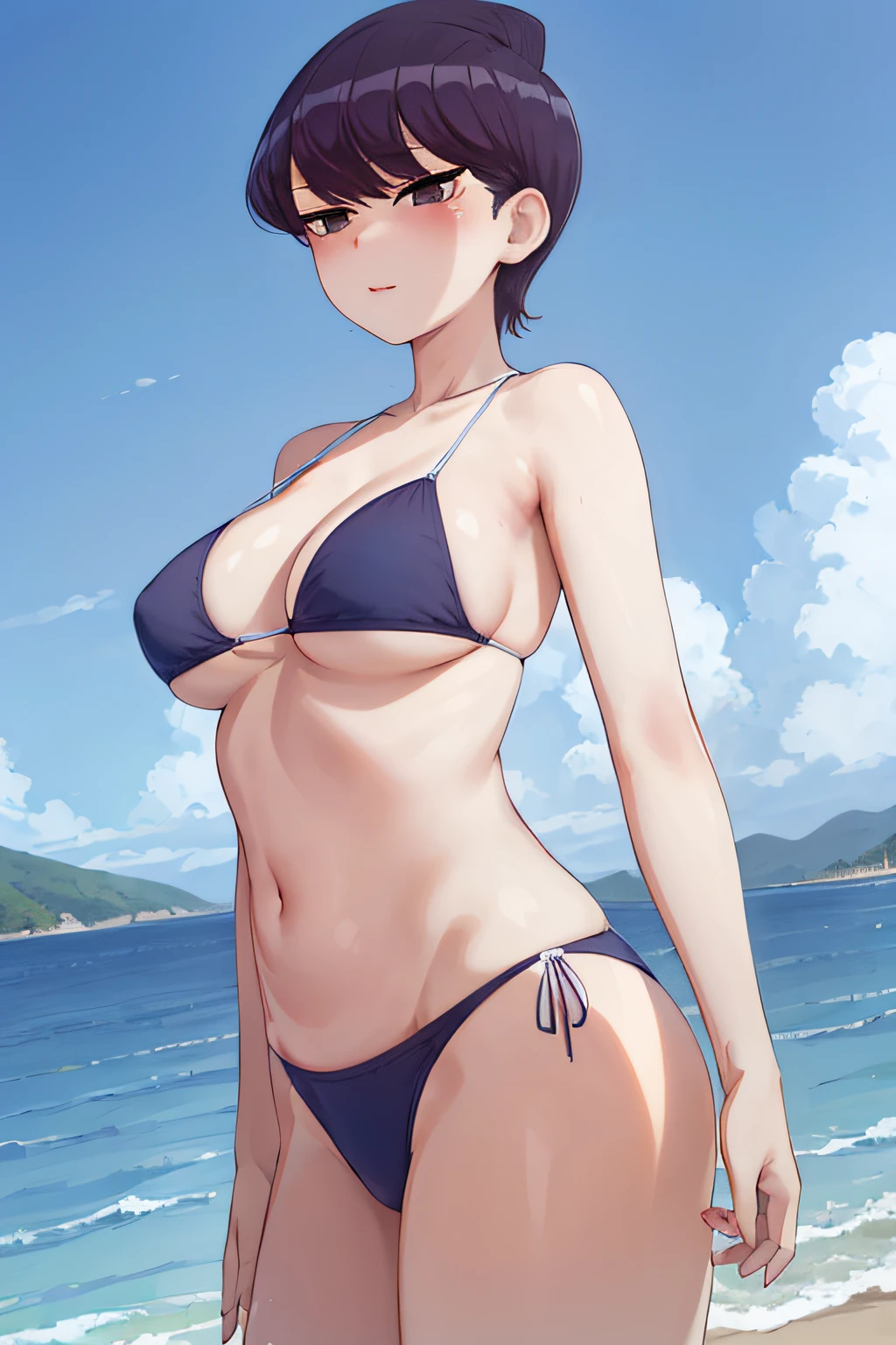 masterpiece, best quality, 1girl, solo, komi-san wa komyushou desu, BIKINI, blush, outdoors, blue sky  PERFECT FACE, PERFECT EYES, LIPS